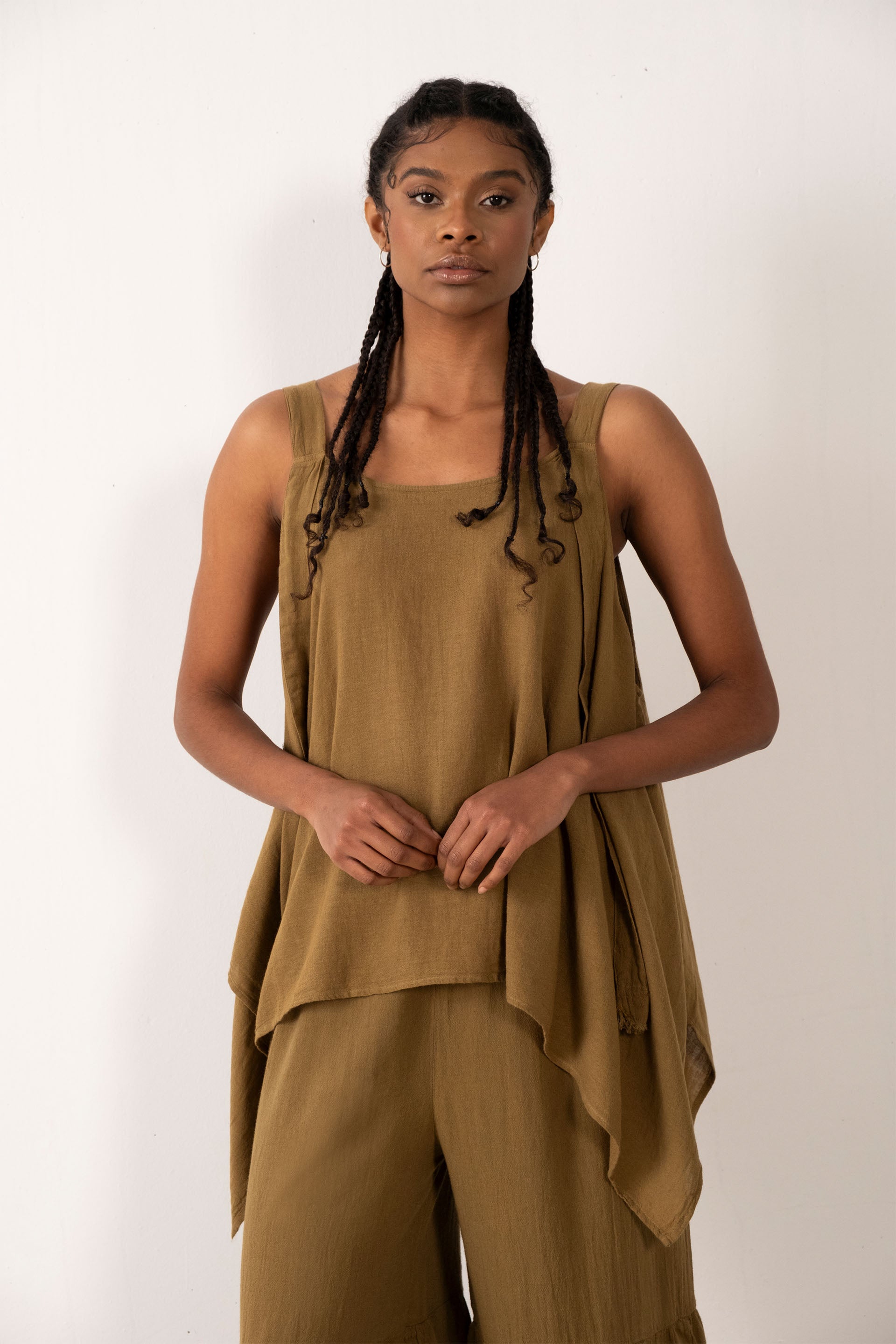 Keten Karışımlı Kalın Askılı Salaş Bluz #Renk_ Haki