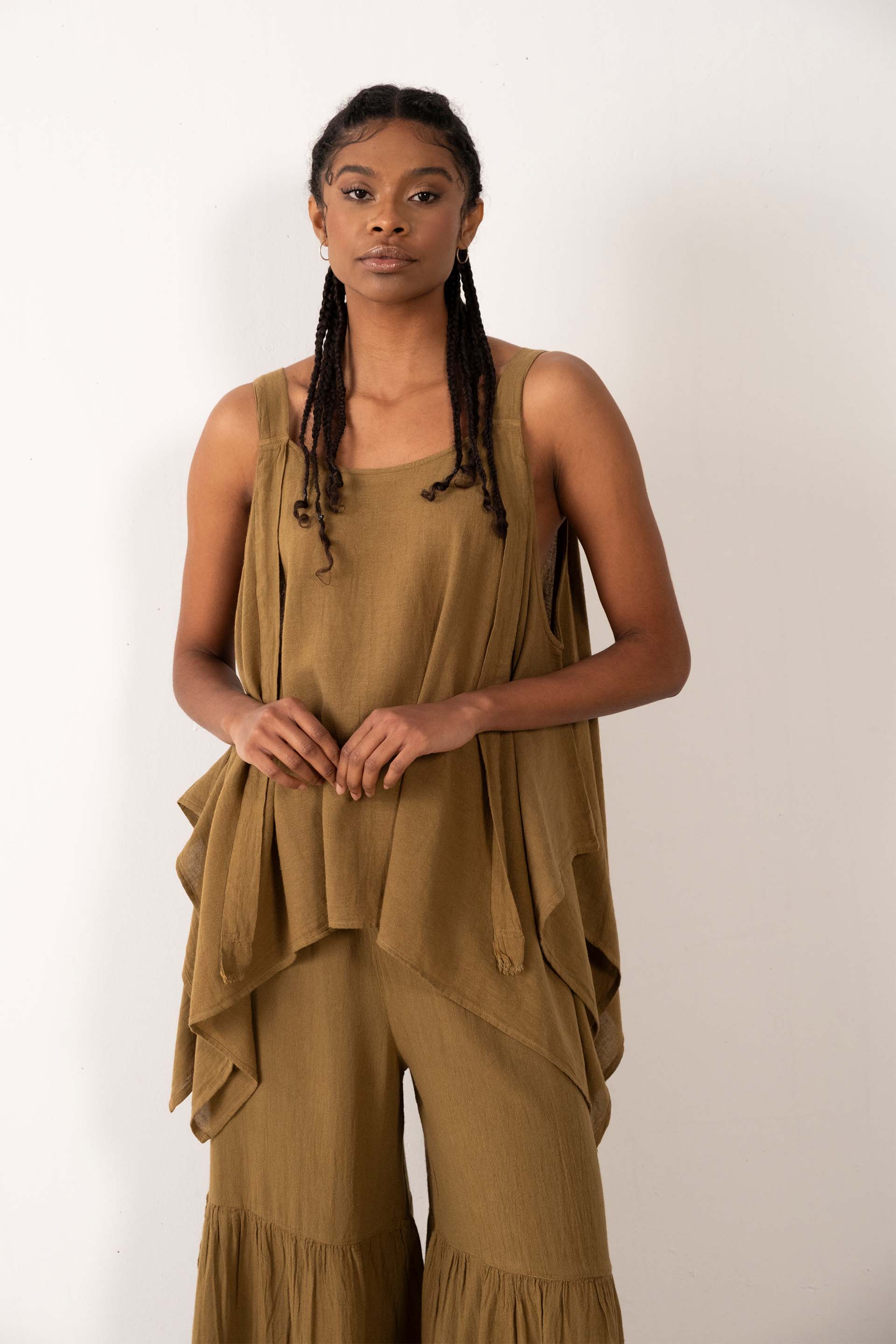 Keten Karışımlı Kalın Askılı Salaş Bluz #Renk_ Haki