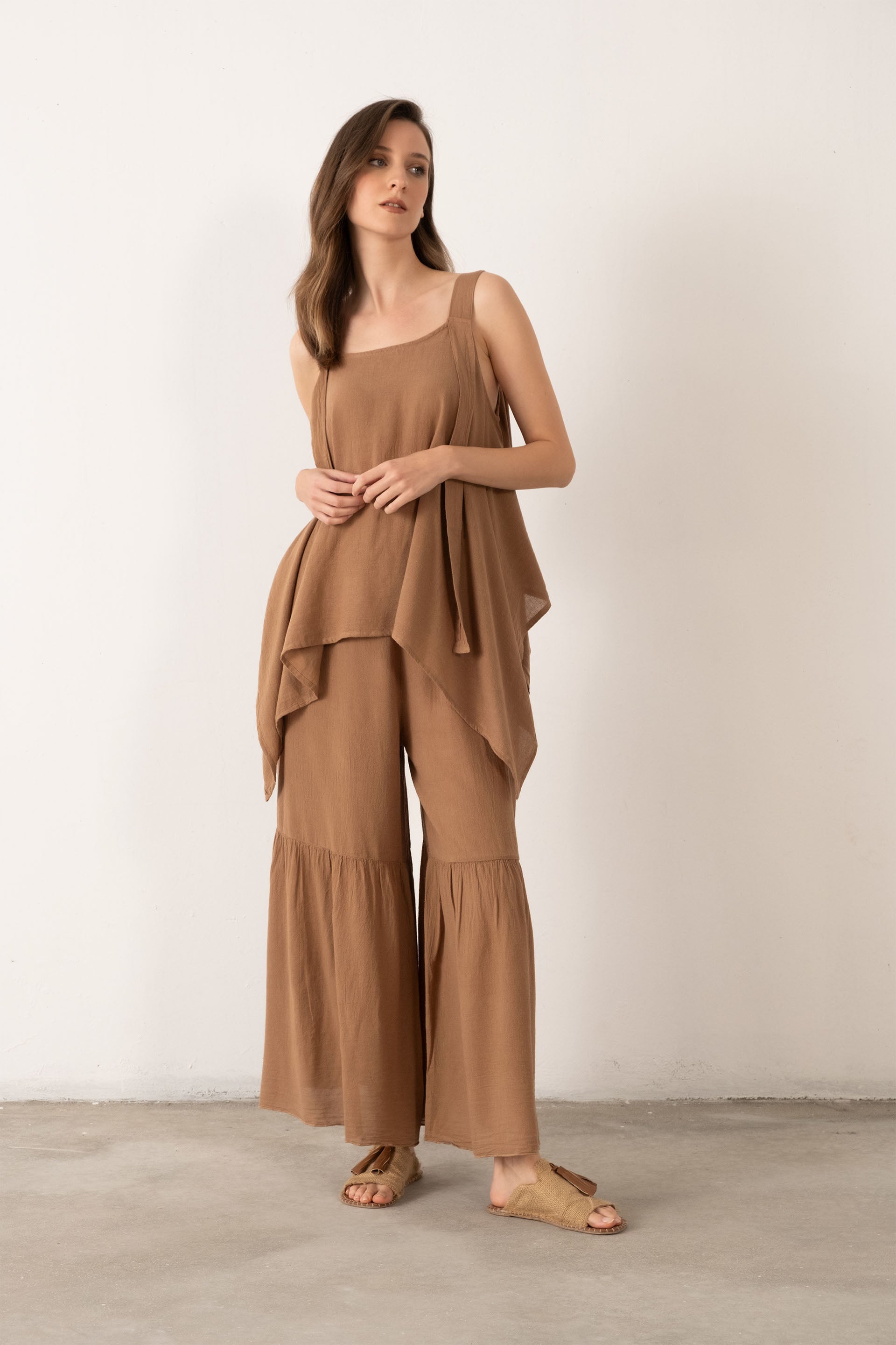 Keten Karışımlı Kalın Askılı Salaş Bluz #renk_Kahve