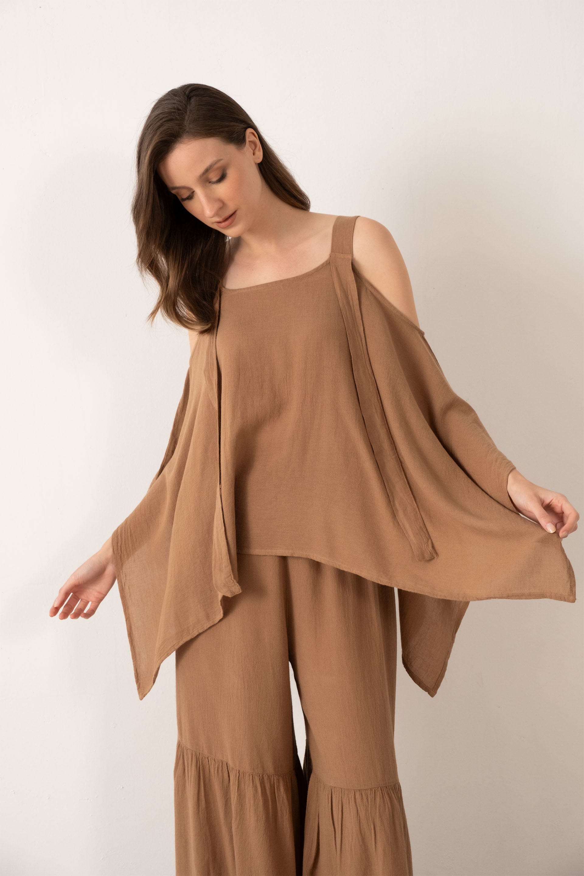 Keten Karışımlı Kalın Askılı Salaş Bluz #renk_Kahve