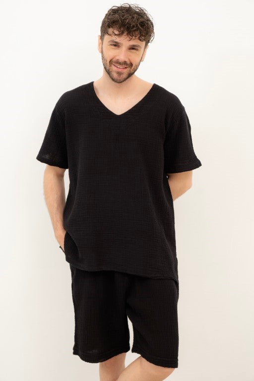 V yaka Müslin Erkek Tişört #renk_Siyah