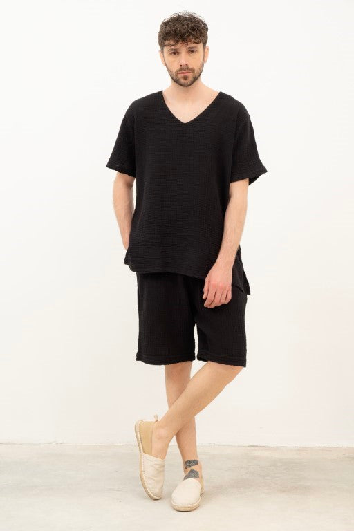 V yaka Müslin Erkek Tişört #renk_Siyah