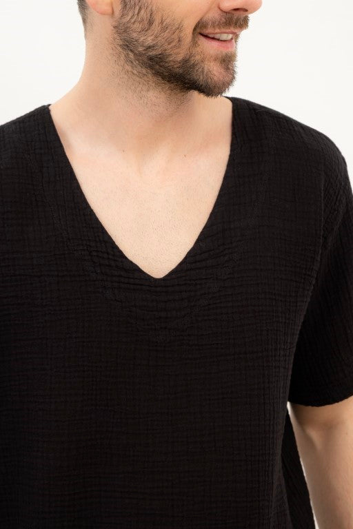 V yaka Müslin Erkek Tişört #renk_Siyah