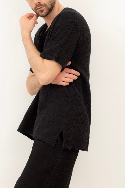 V yaka Müslin Erkek Tişört #renk_Siyah