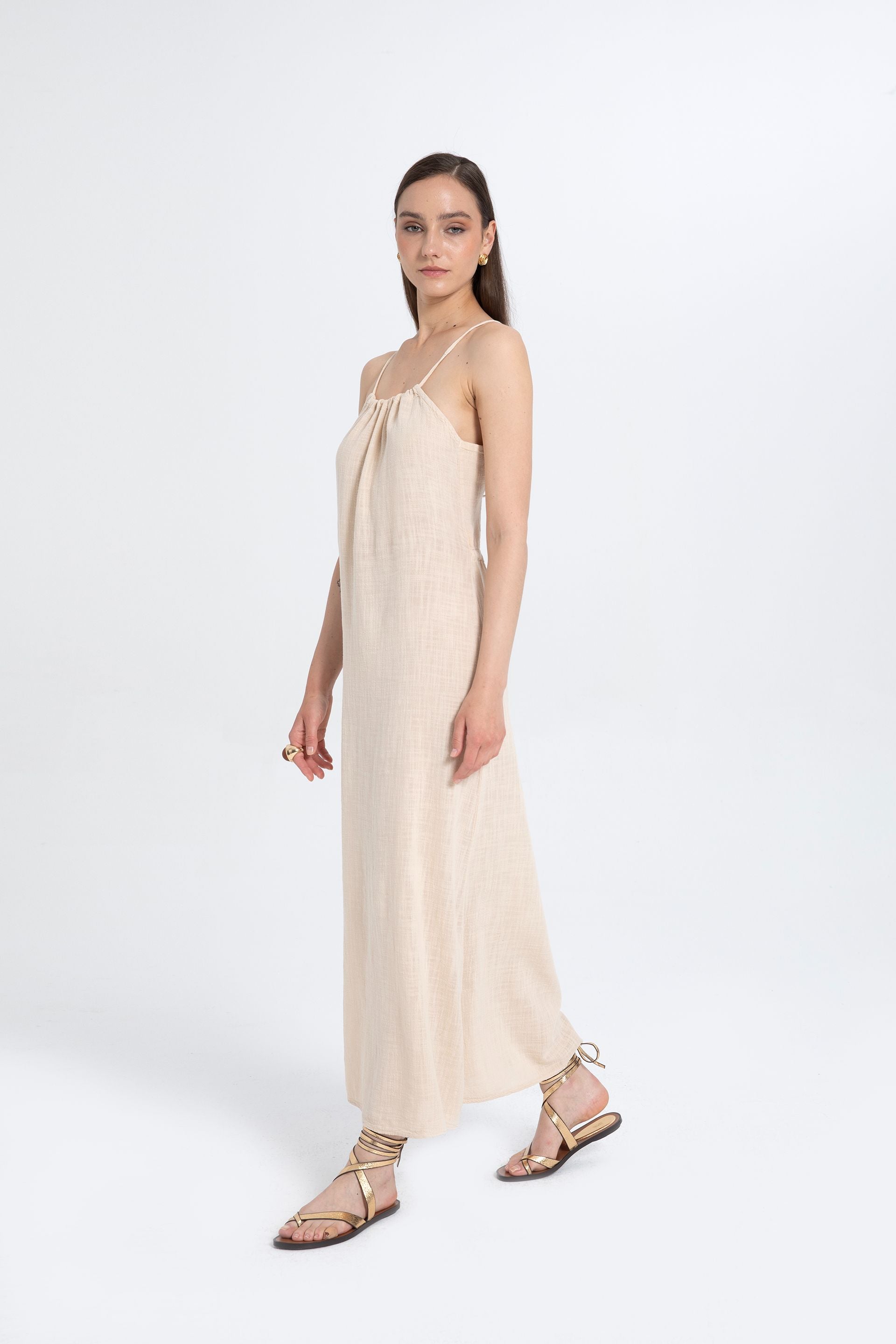 Pamuk İp Askılı Sırt Dekolteli Kadın Elbise / Bej #Renk_Bej