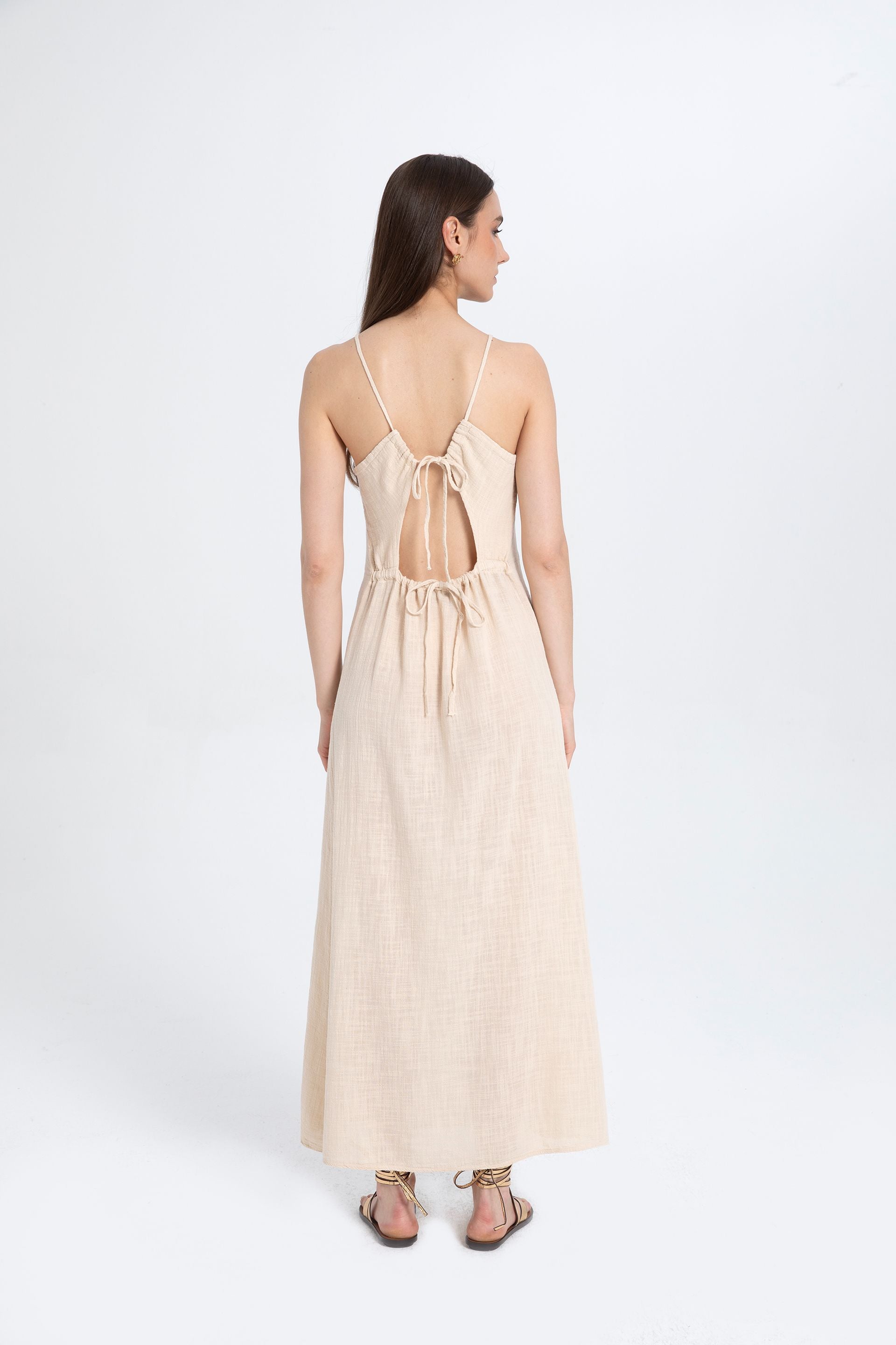 Pamuk İp Askılı Sırt Dekolteli Kadın Elbise / Bej #Renk_Bej