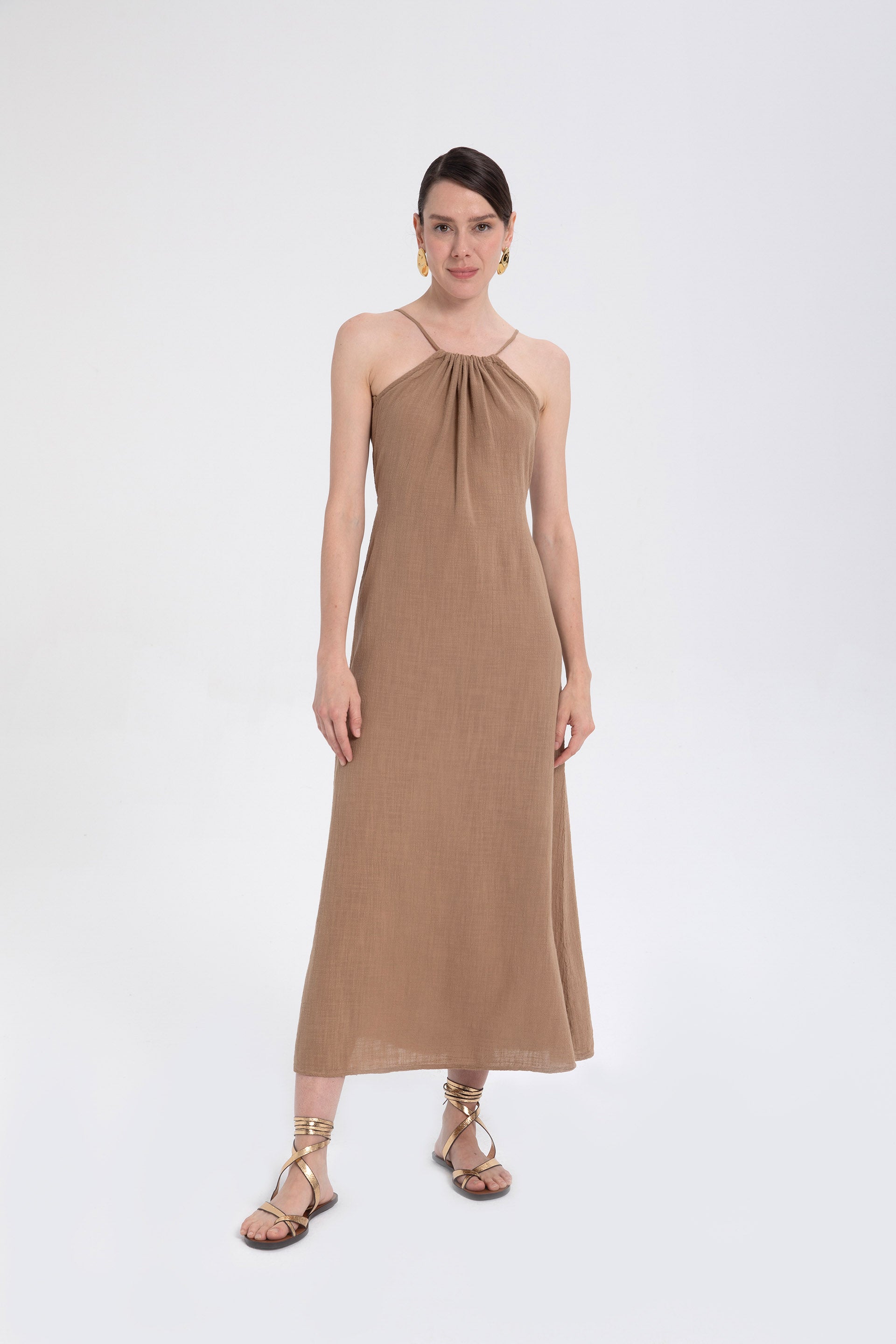 Pamuk İp Askılı Sırt Dekolteli Kadın Elbise / Kahverengi #Renk_Kahve