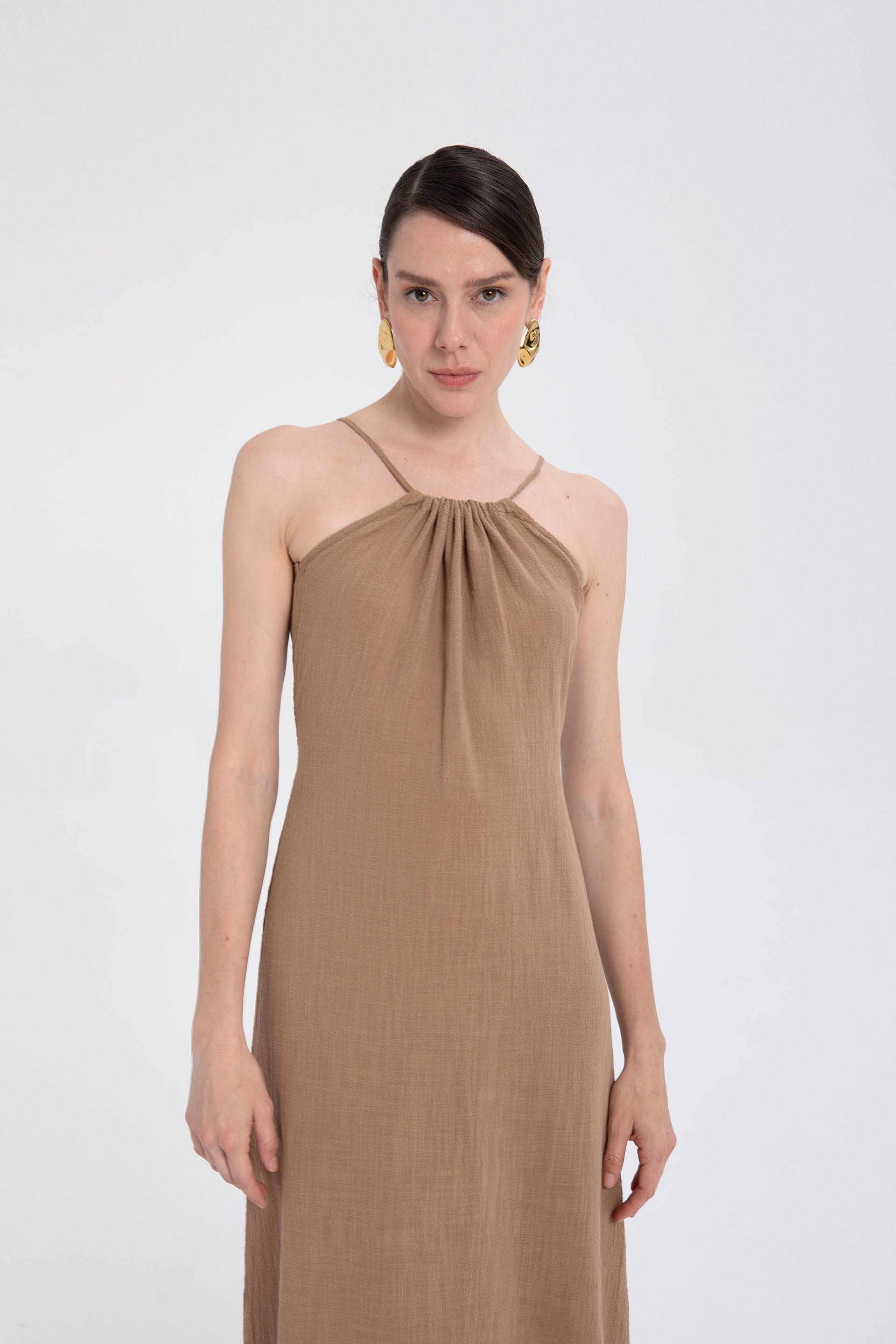 Pamuk İp Askılı Sırt Dekolteli Kadın Elbise / Kahverengi #Renk_Kahve