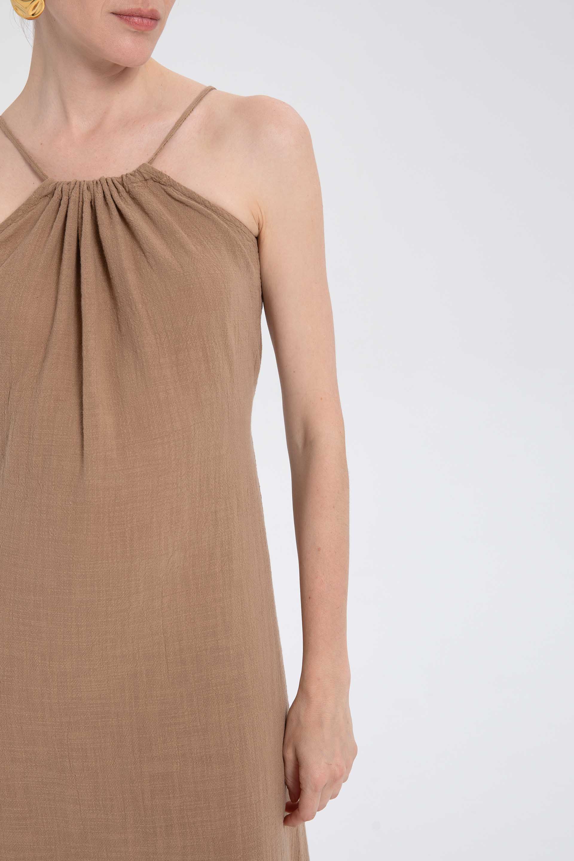 Pamuk İp Askılı Sırt Dekolteli Kadın Elbise / Kahverengi #Renk_Kahve