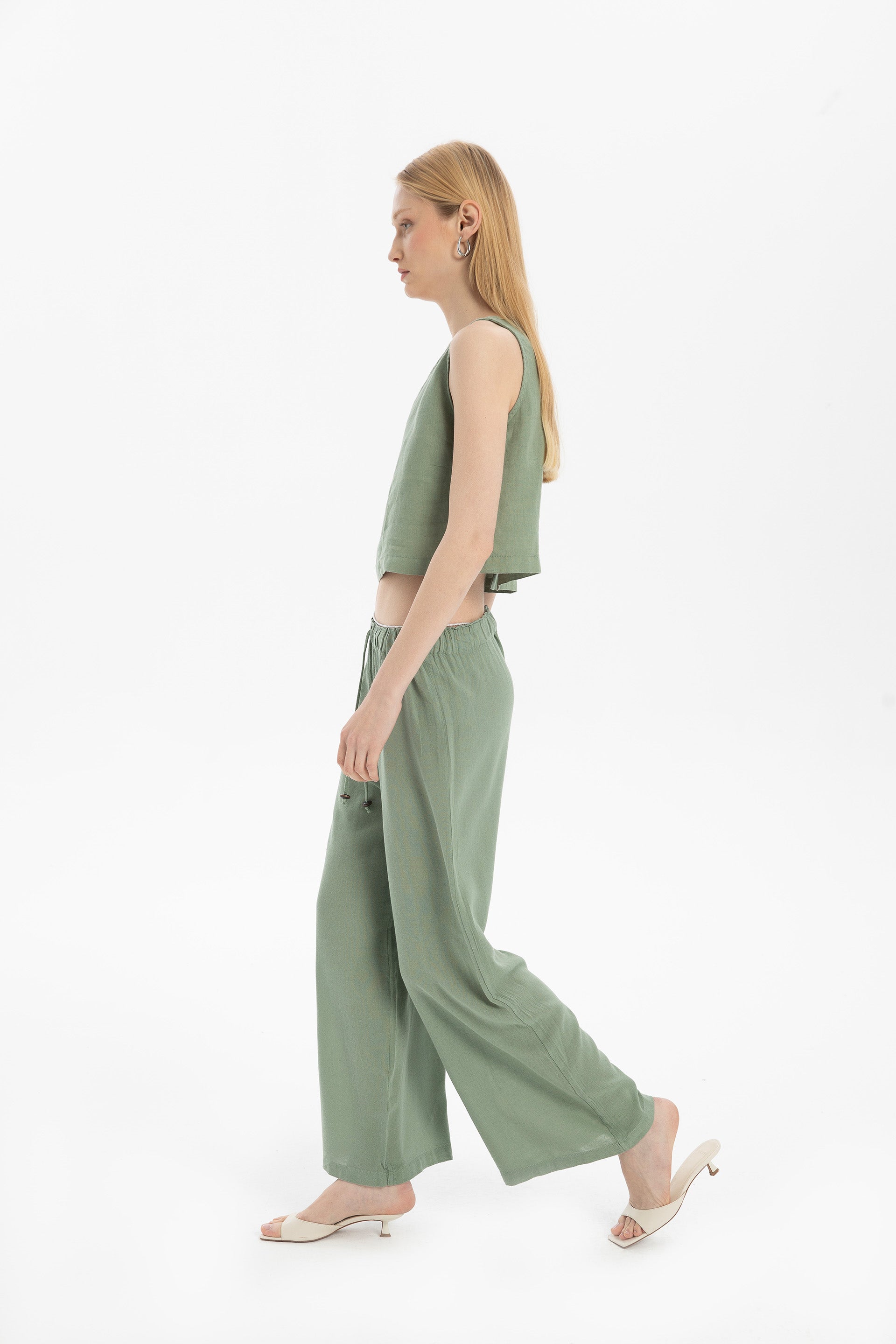 Keten Viskon Palazzo Pantolon #renk_Yosun Yeşili