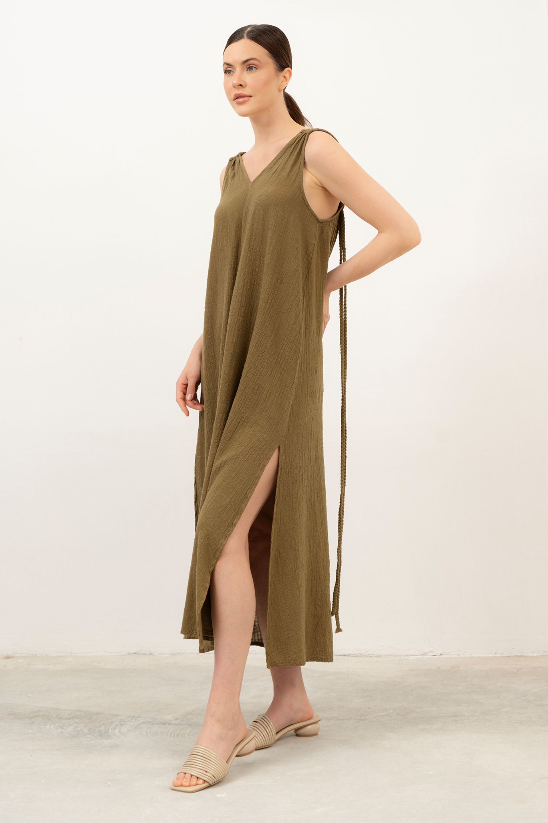 Helen Model Örgü Askılı Elbise / Haki #renk_Haki