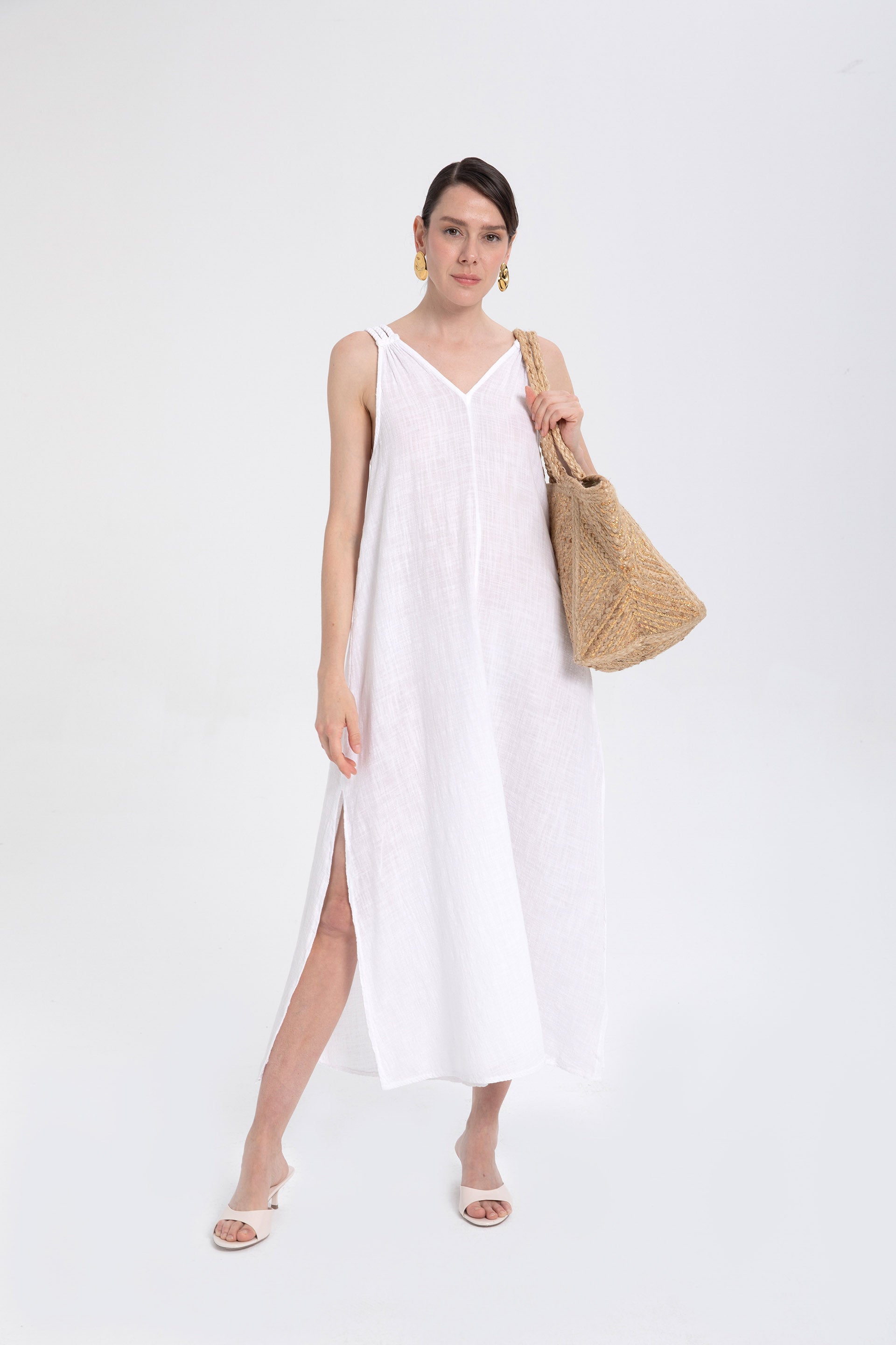 Helen Model Örgü Askılı Elbise #renk_Beyaz