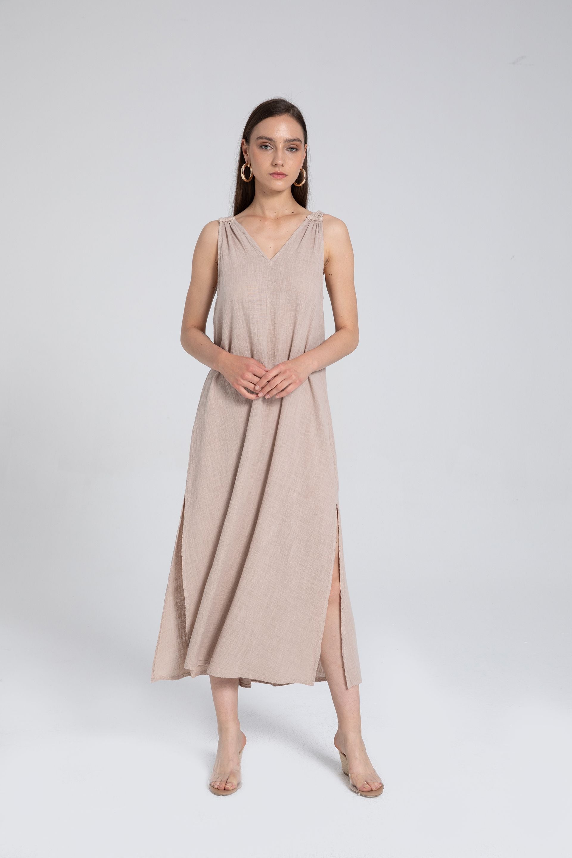 Helen Model Örgü Askılı Elbise #renk_Flax