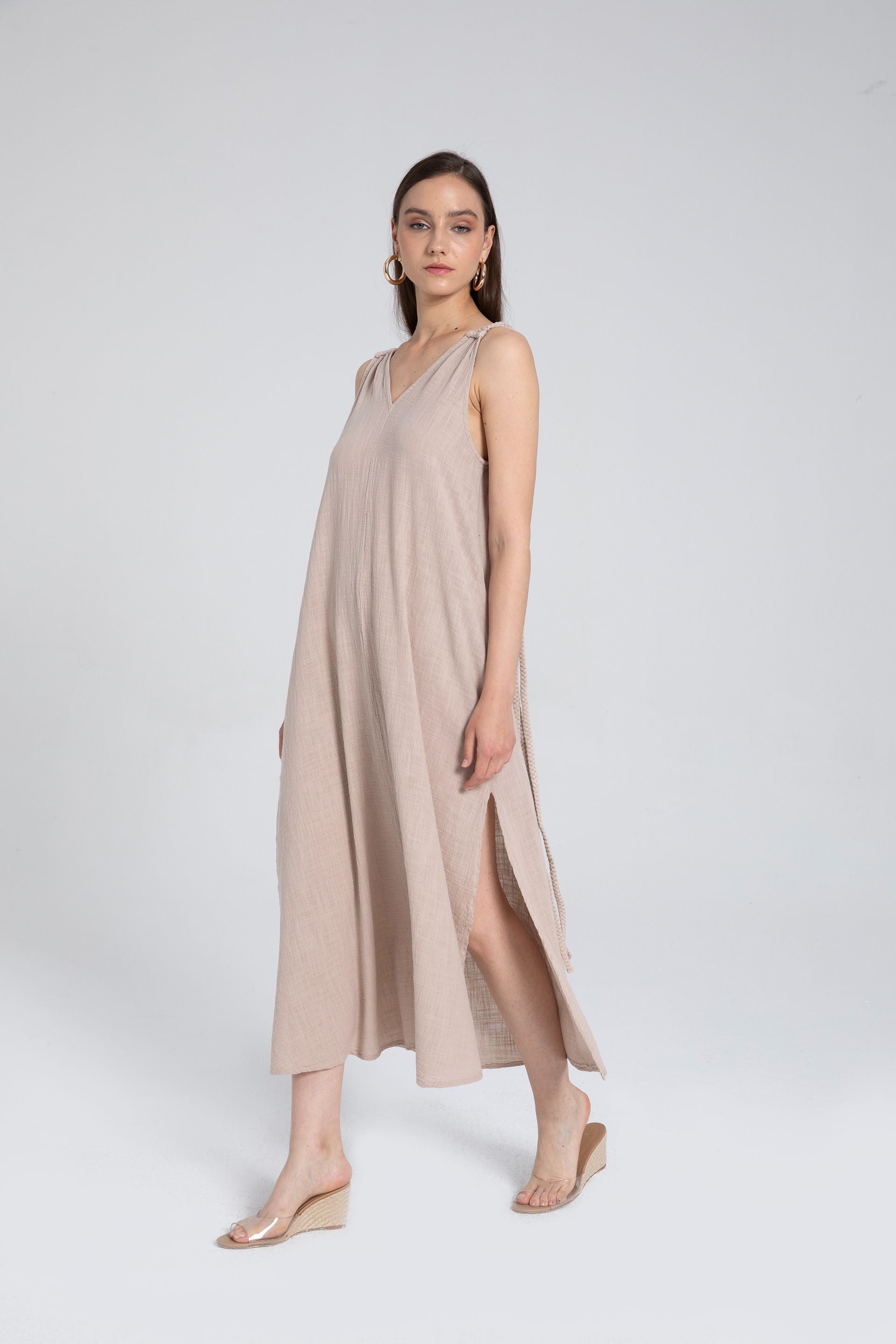 Helen Model Örgü Askılı Elbise #renk_Flax
