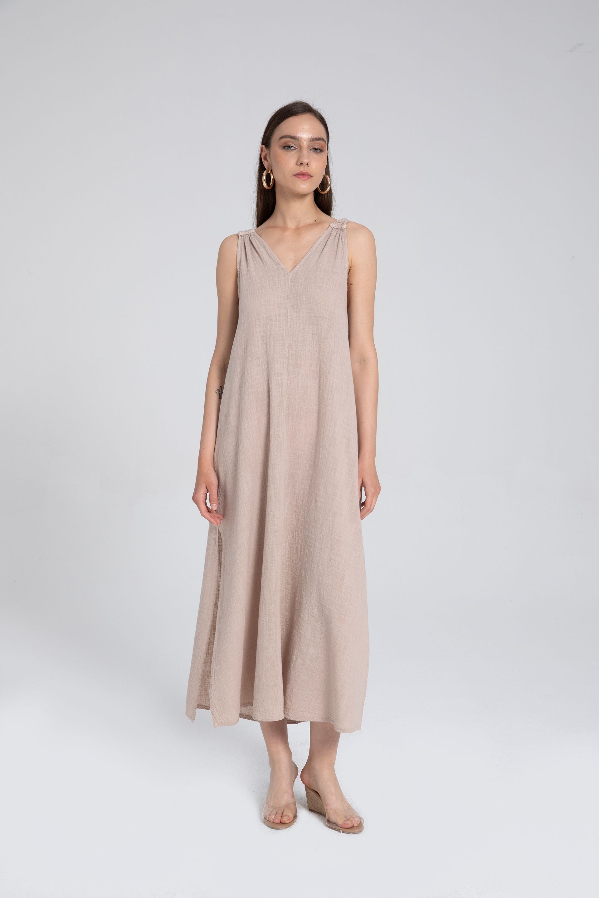 Helen Model Örgü Askılı Elbise #renk_Flax