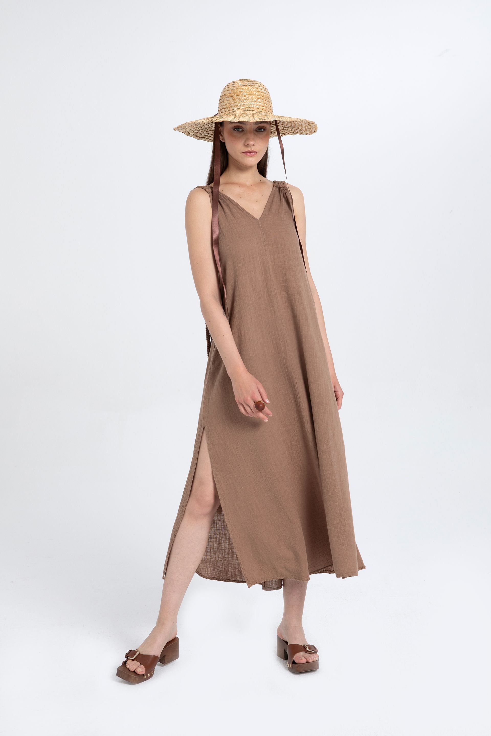 Helen Model Örgü Askılı Elbise #renk_Kahve