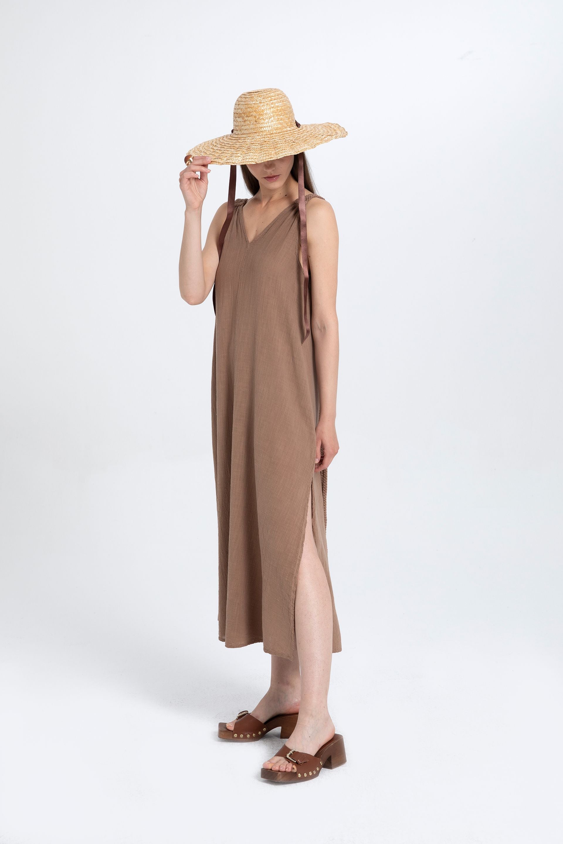 Helen Model Örgü Askılı Elbise #renk_Kahve