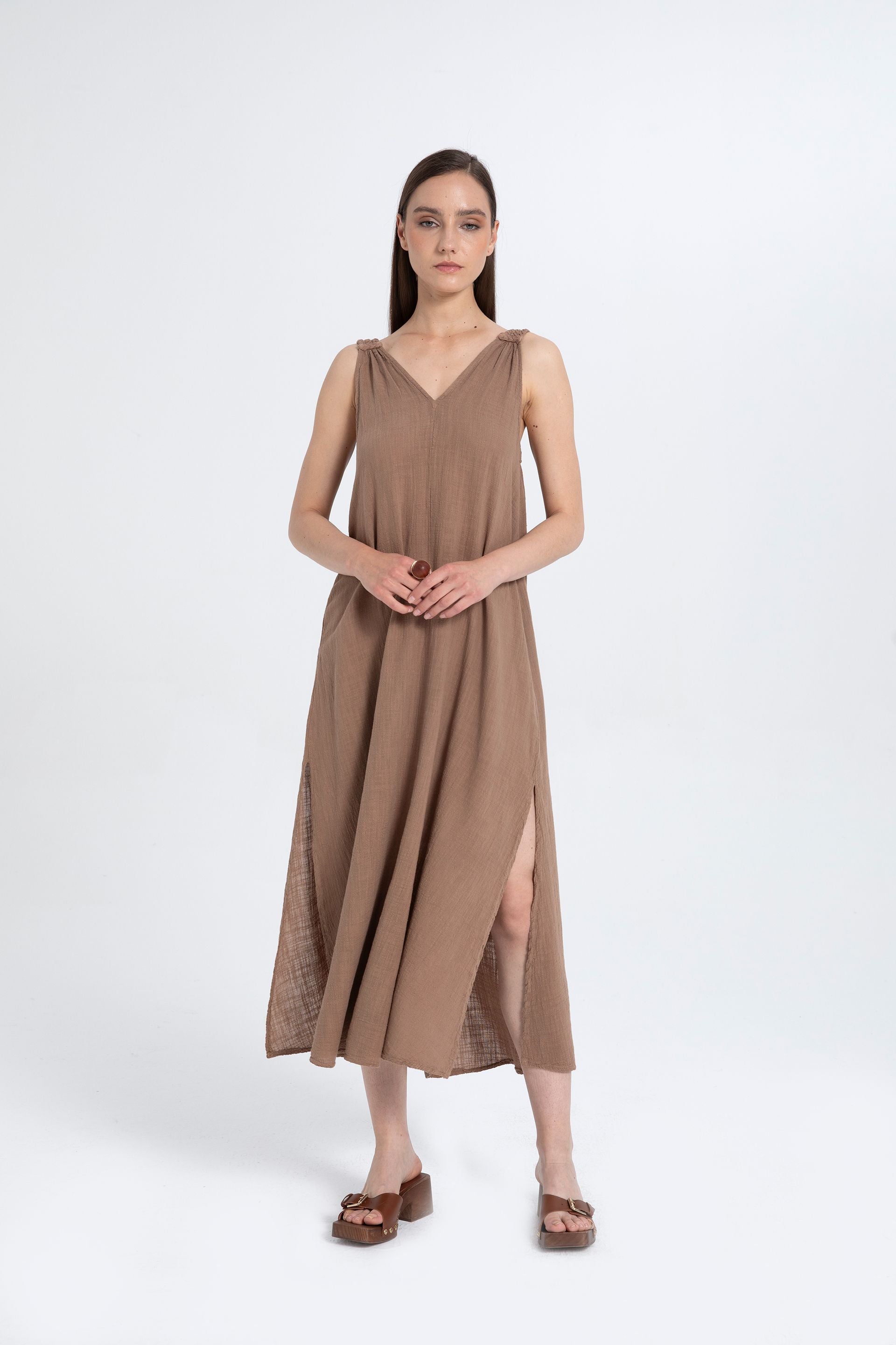Helen Model Örgü Askılı Elbise #renk_Kahve