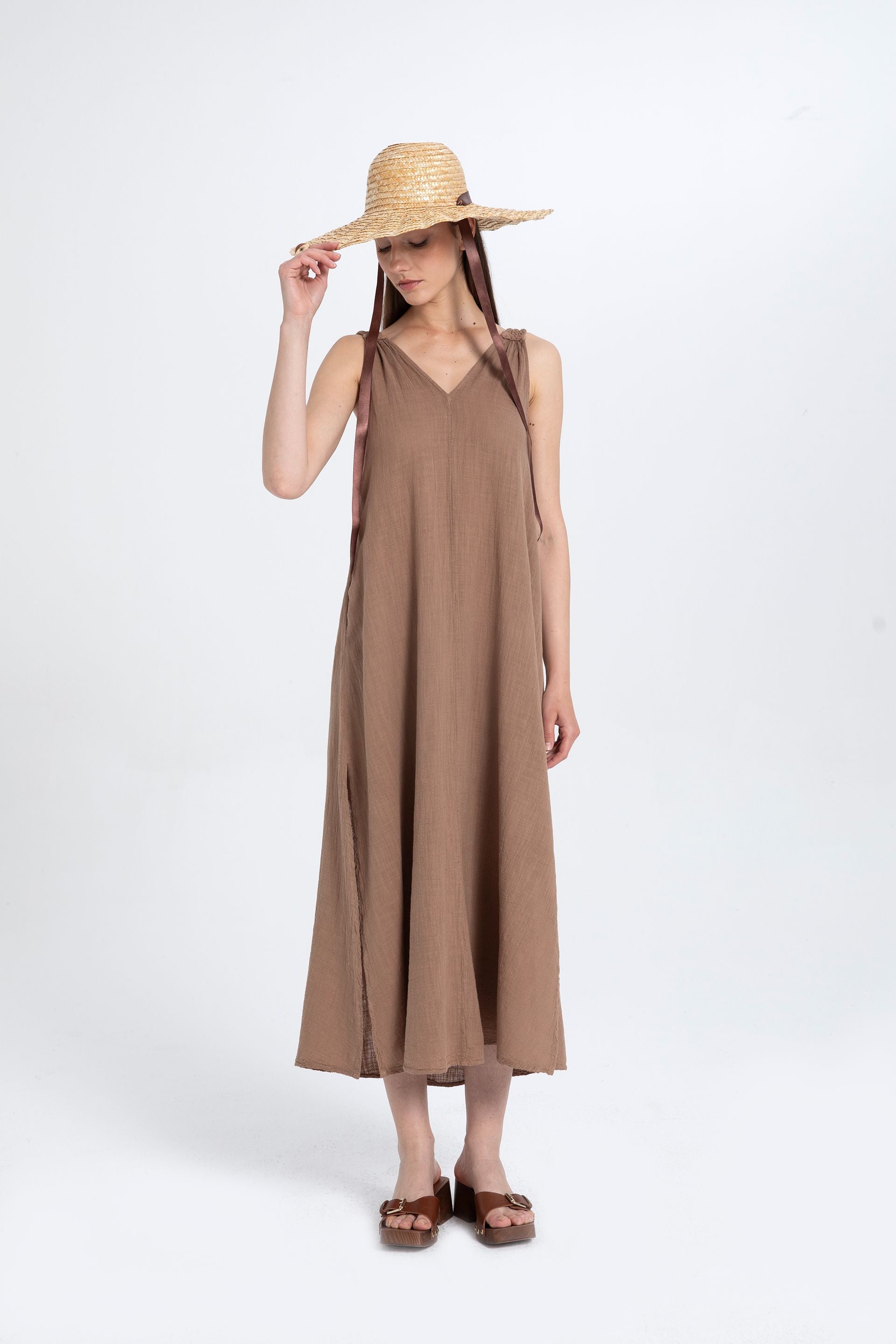Helen Model Örgü Askılı Elbise #renk_Kahve