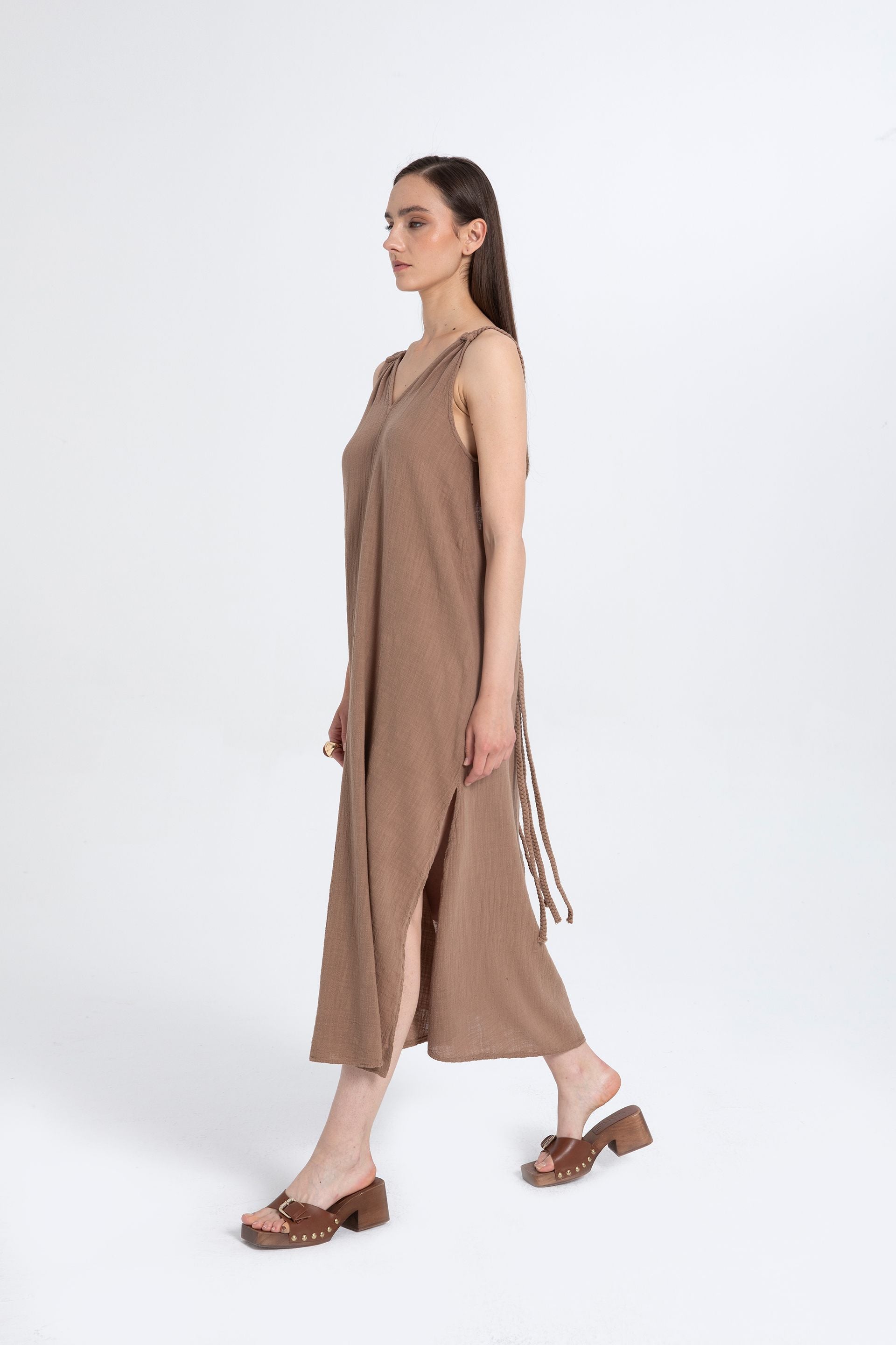 Helen Model Örgü Askılı Elbise #renk_Kahve