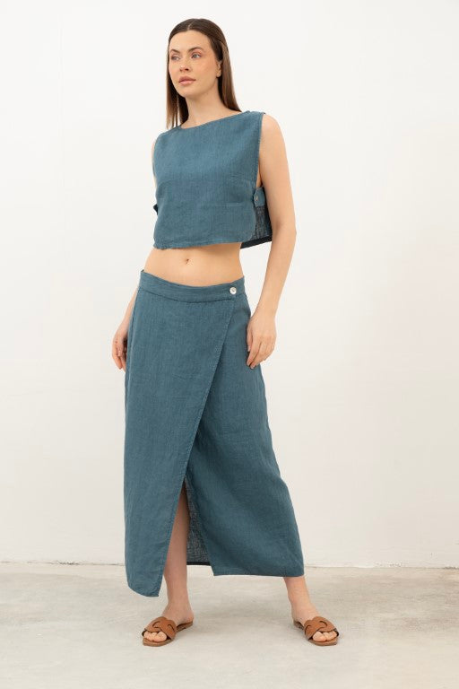 Yandan Düğmeli Keten Crop Bluz #renk_Petrol