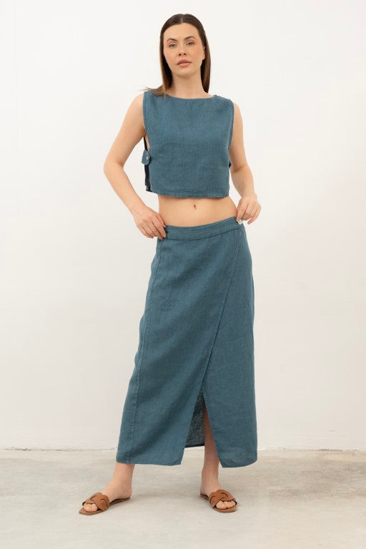 Yandan Düğmeli Keten Crop Bluz #renk_Petrol