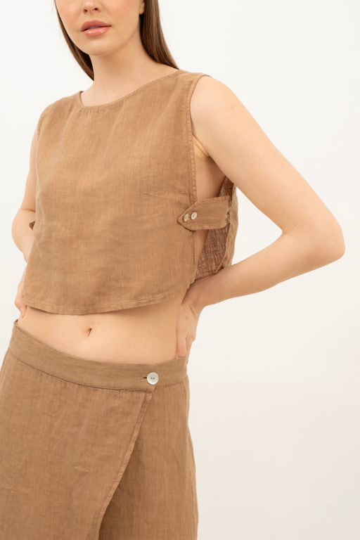 Yandan Düğmeli Keten Crop Bluz #renk_Kahve