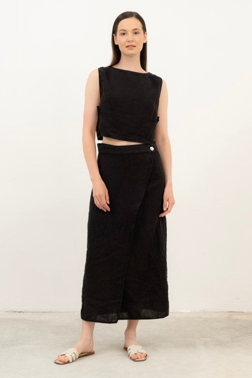 Yandan Düğmeli Keten Crop Bluz #renk_Siyah