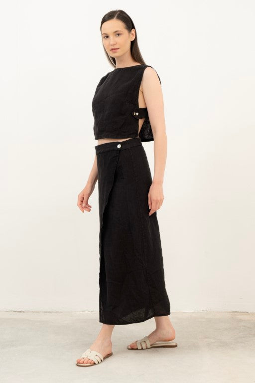 Yandan Düğmeli Keten Crop Bluz #renk_Siyah