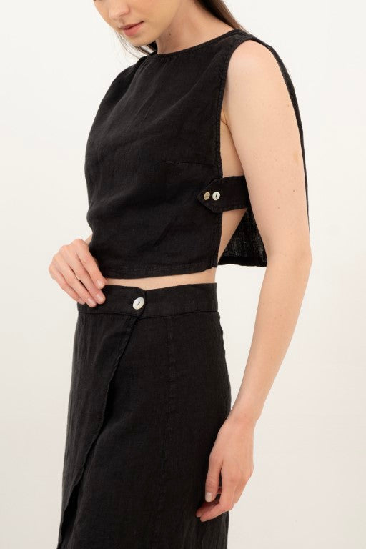 Yandan Düğmeli Keten Crop Bluz #renk_Siyah