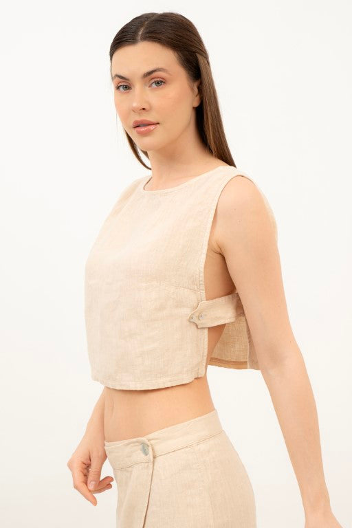 Yandan Düğmeli Keten Crop Bluz #renk_Bej