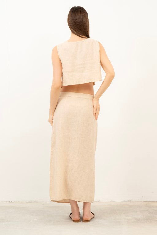 Yandan Düğmeli Keten Crop Bluz #renk_Bej