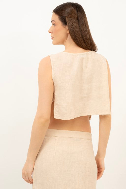 Yandan Düğmeli Keten Crop Bluz #renk_Bej