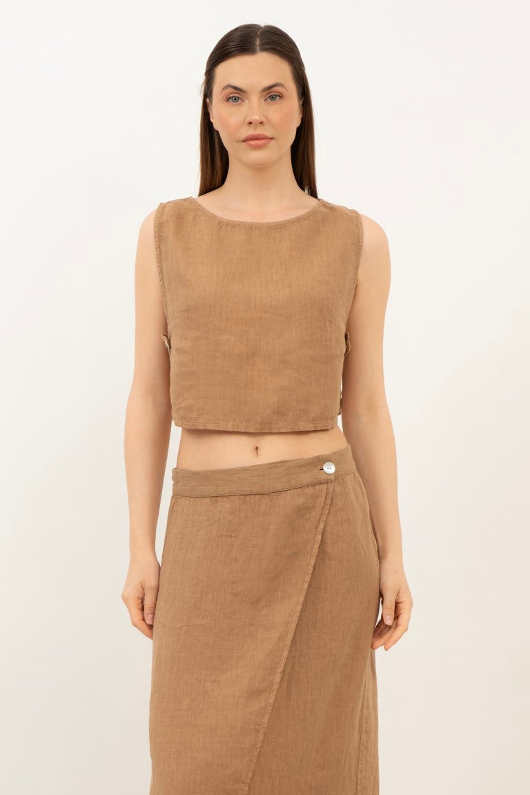 Yandan Düğmeli Keten Crop Bluz #renk_Kahve