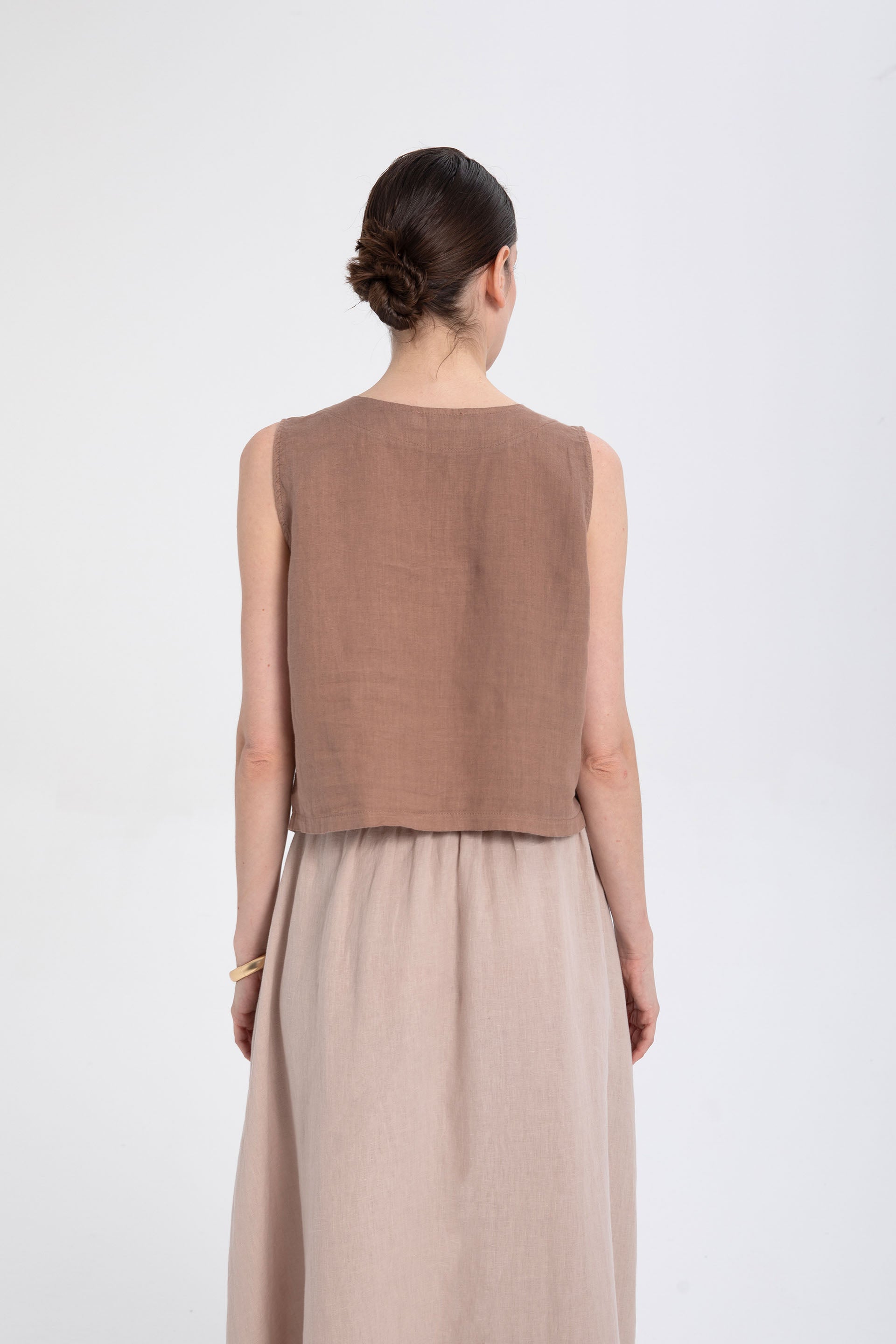 Ham Keten Düğmeli Yelek #renk_Kahve