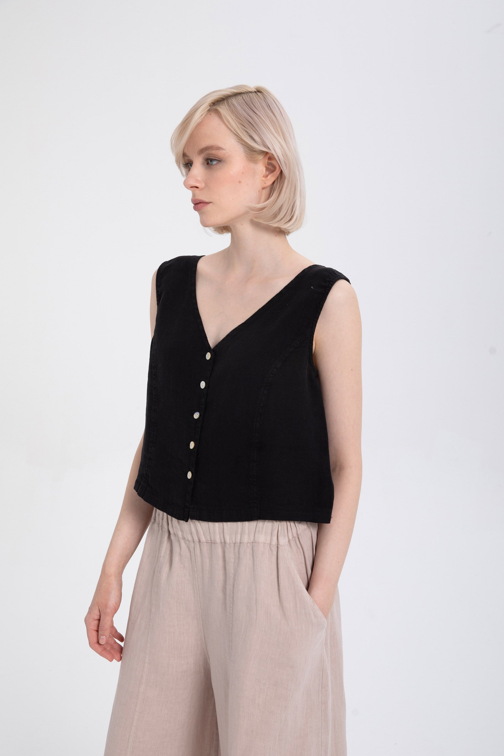 Ham Keten Düğmeli Yelek #renk_Siyah