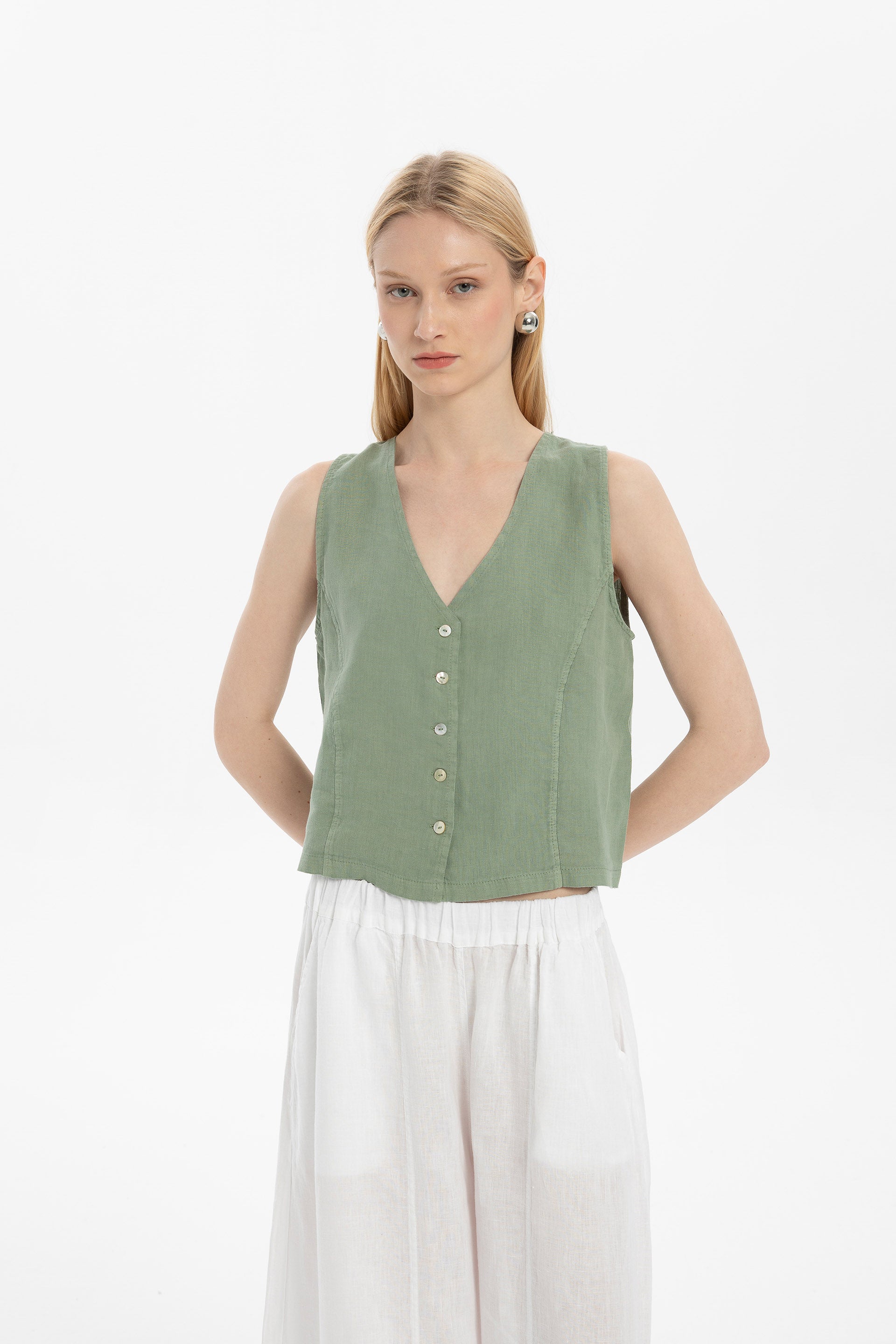 Ham Keten Düğmeli Yelek #renk_Yosun Yeşili