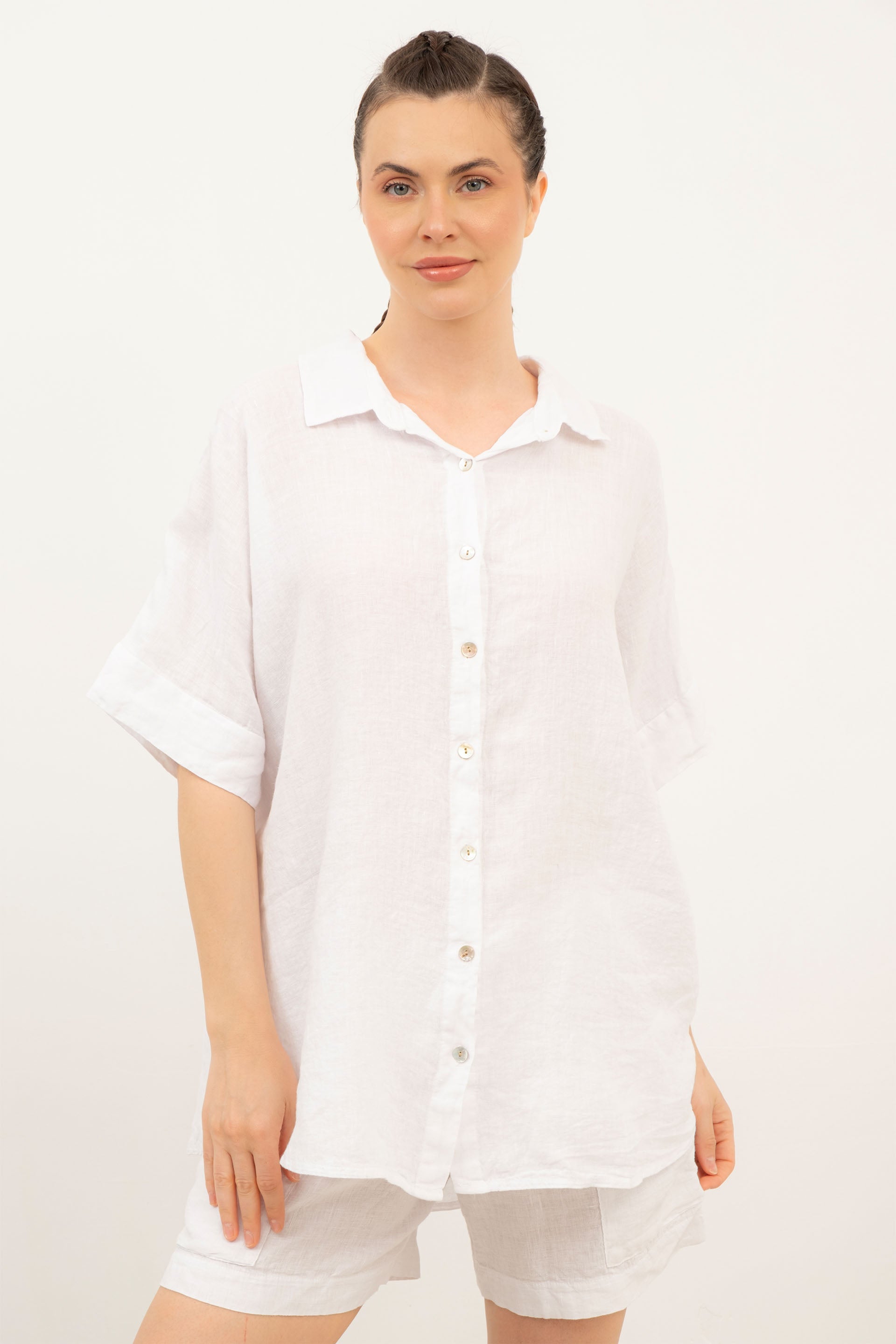Saf Keten Kısa Kollu Oversize Gömlek #Renk_ Beyaz