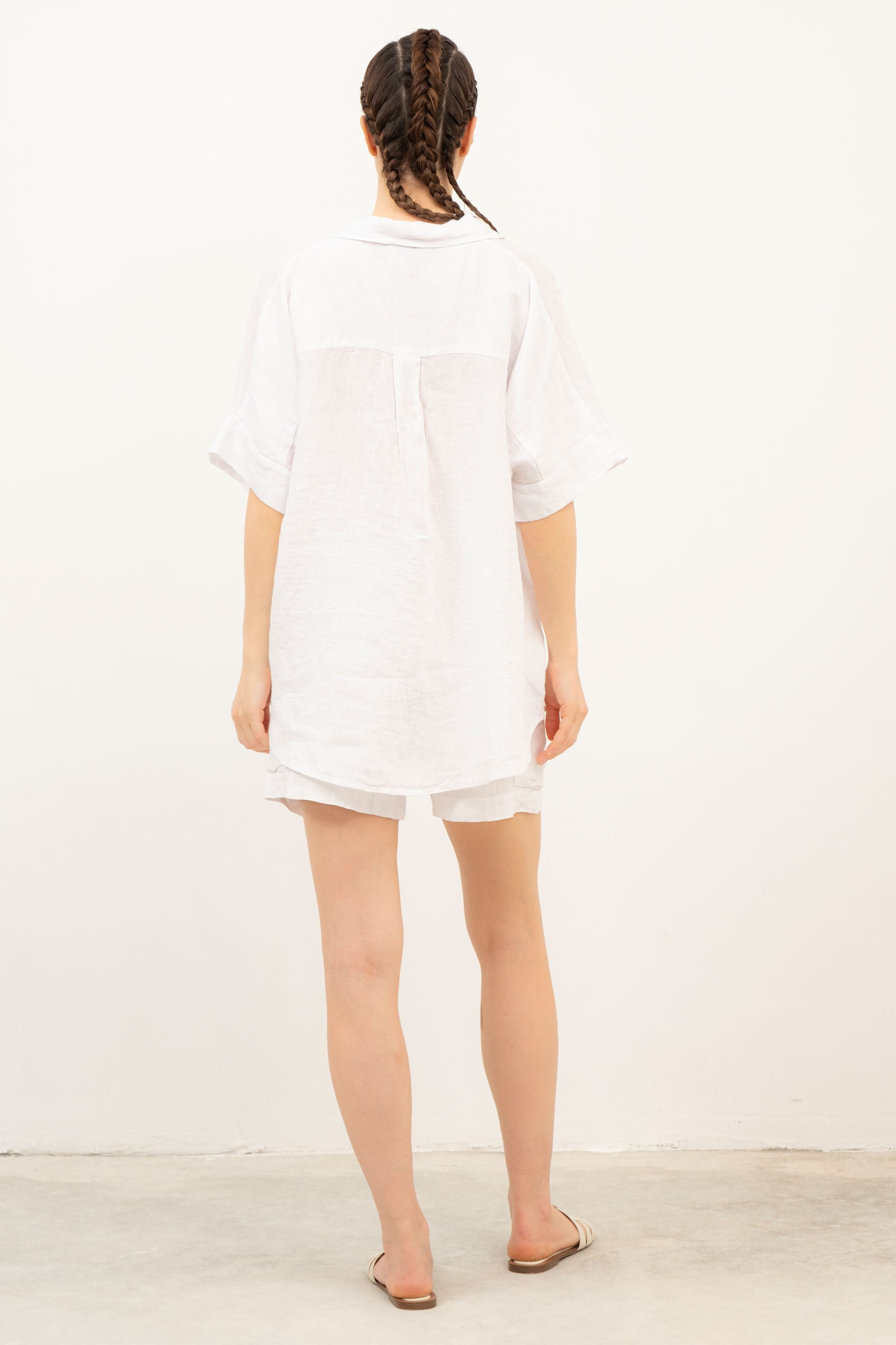 Saf Keten Kısa Kollu Oversize Gömlek #Renk_ Beyaz