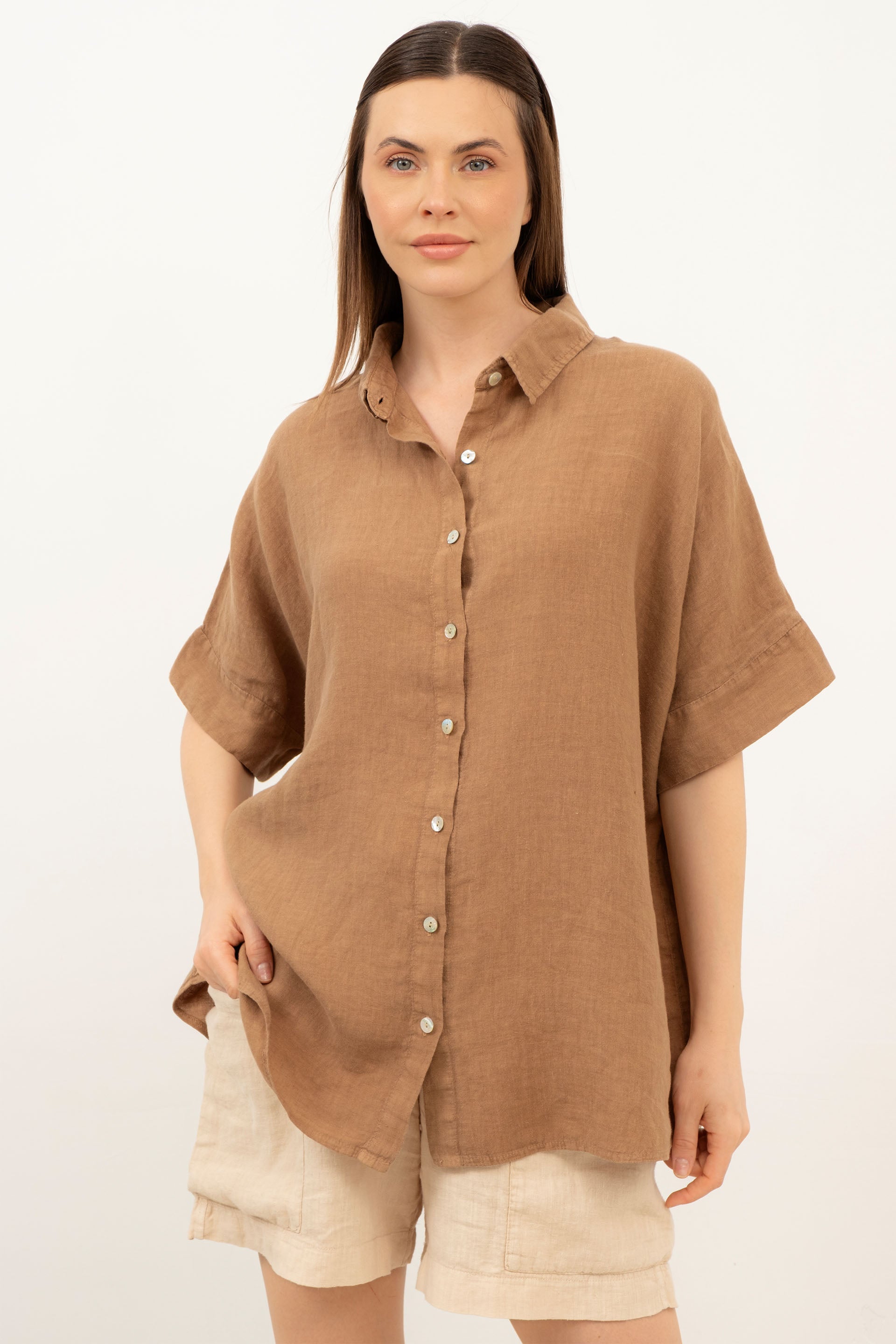 Saf Keten Kısa Kollu Oversize Gömlek #Renk_Kahve