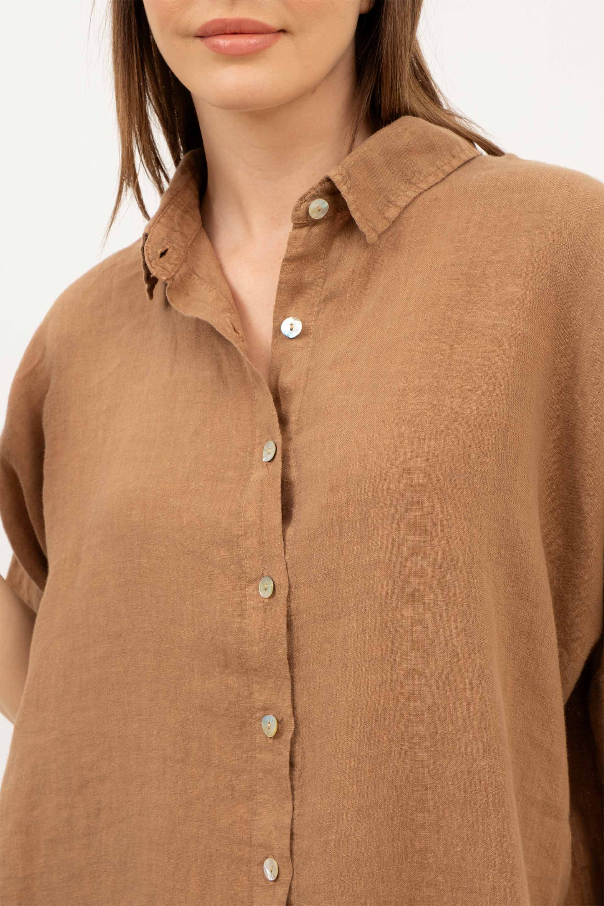 Saf Keten Kısa Kollu Oversize Gömlek #Renk_Kahve