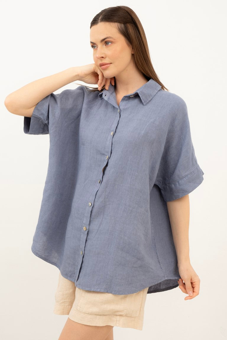 Saf Keten Kısa Kollu Oversize Gömlek #Renk_Lila