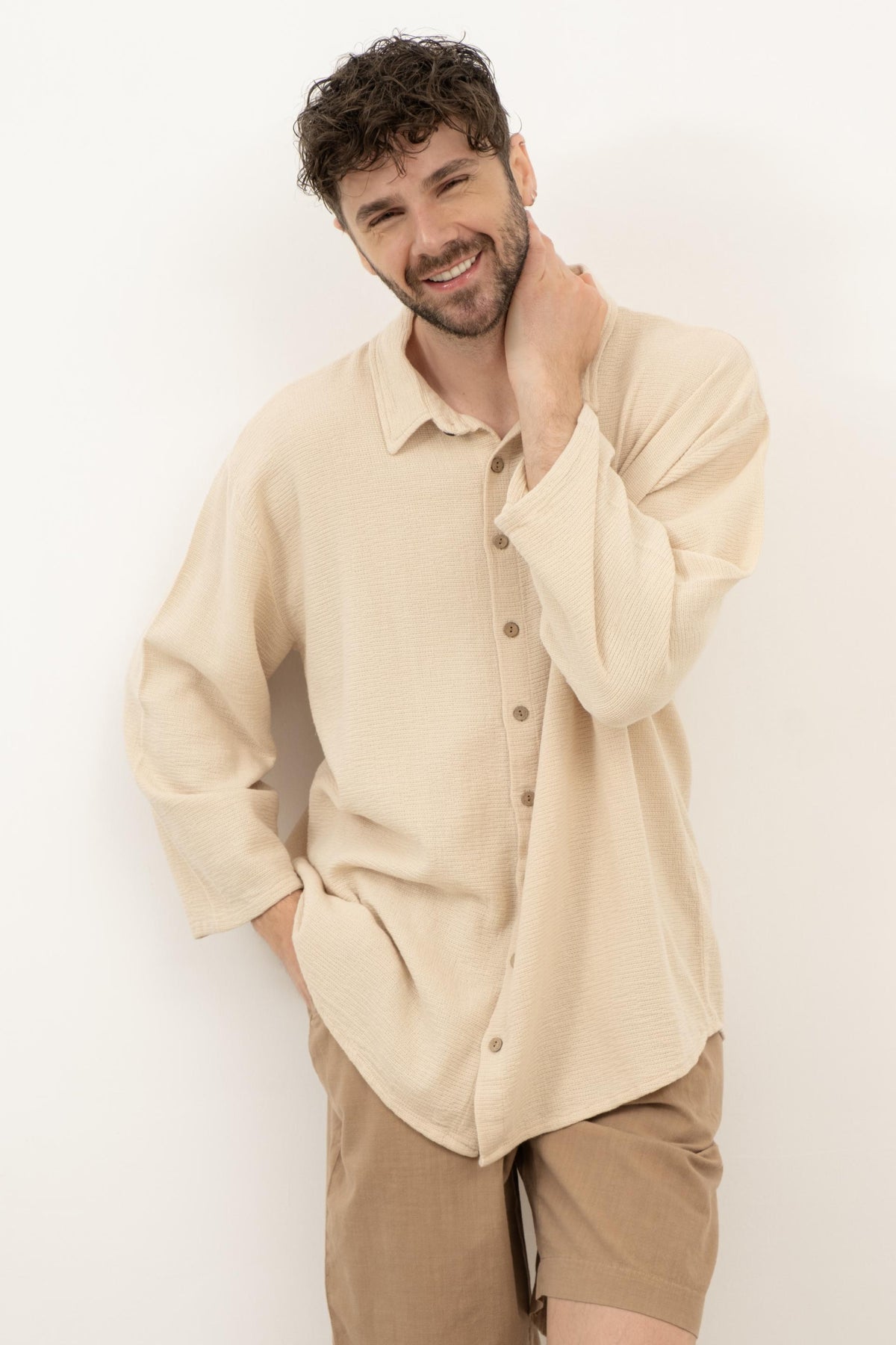 Etamin Unisex Oversize Gömlek #renk_Bej