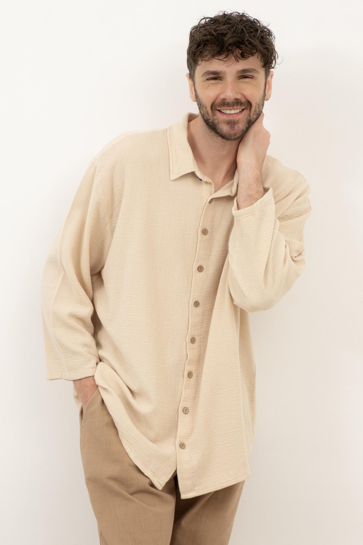 Etamin Unisex Oversize Gömlek #renk_Bej