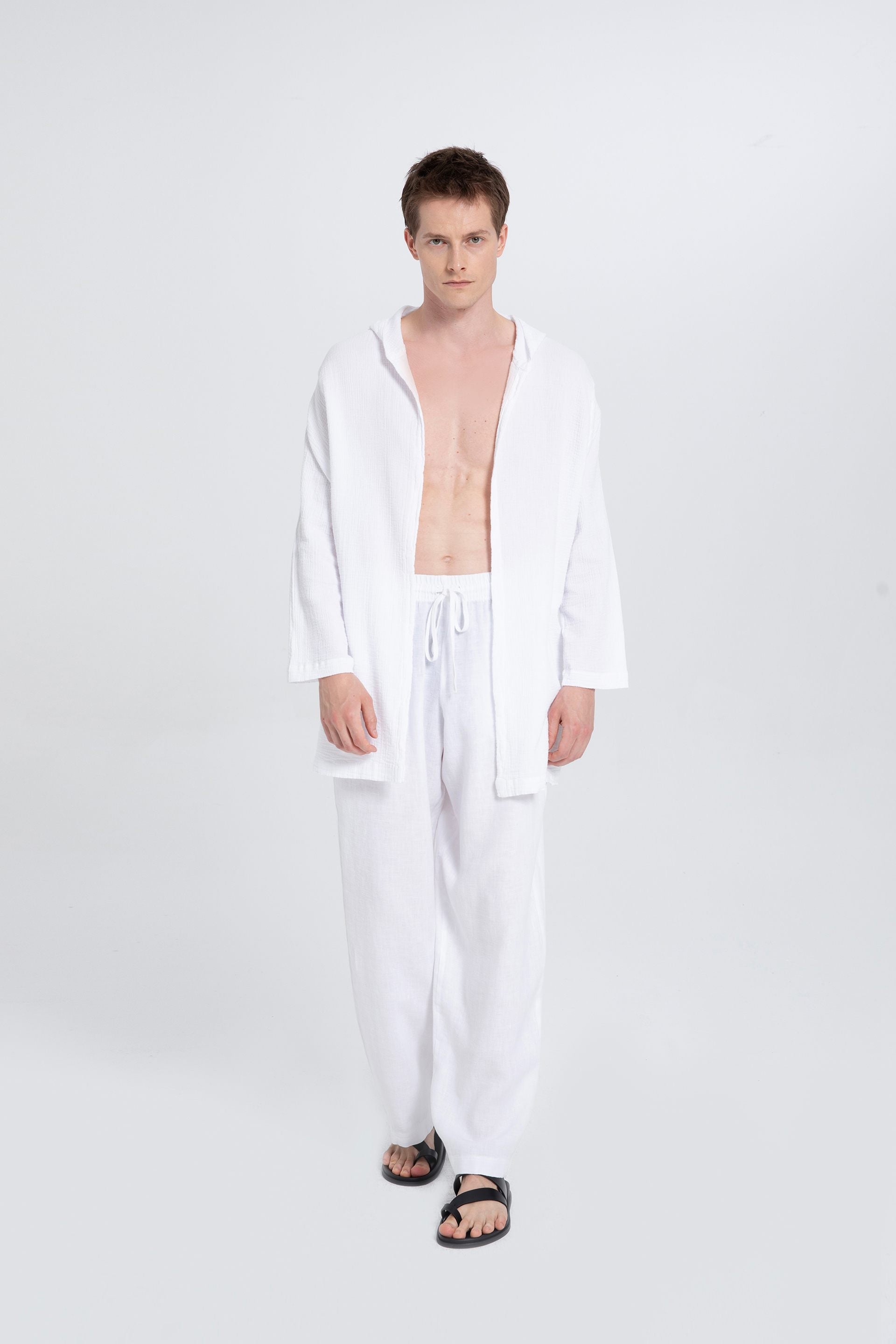 Oversize Müslin Unisex Kapüşonlu Hırka #renk_Beyaz