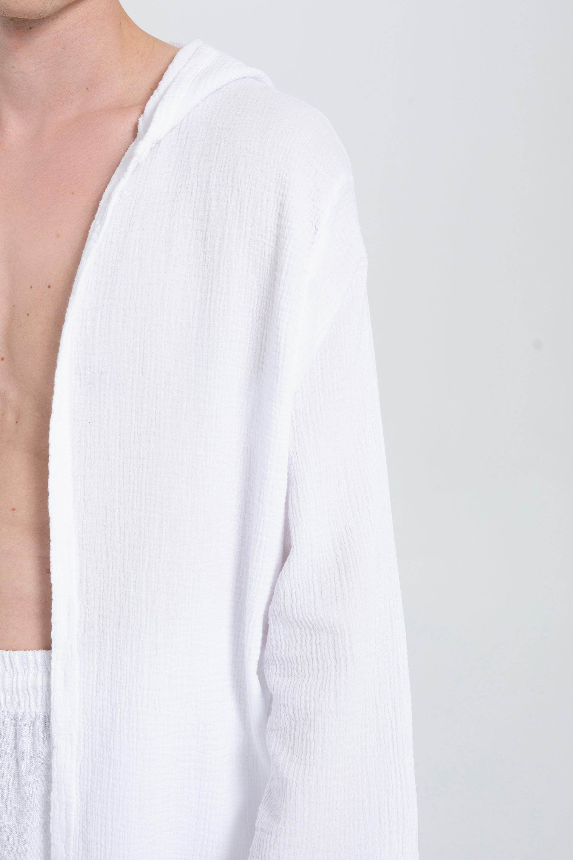 Oversize Müslin Unisex Kapüşonlu Hırka #renk_Beyaz