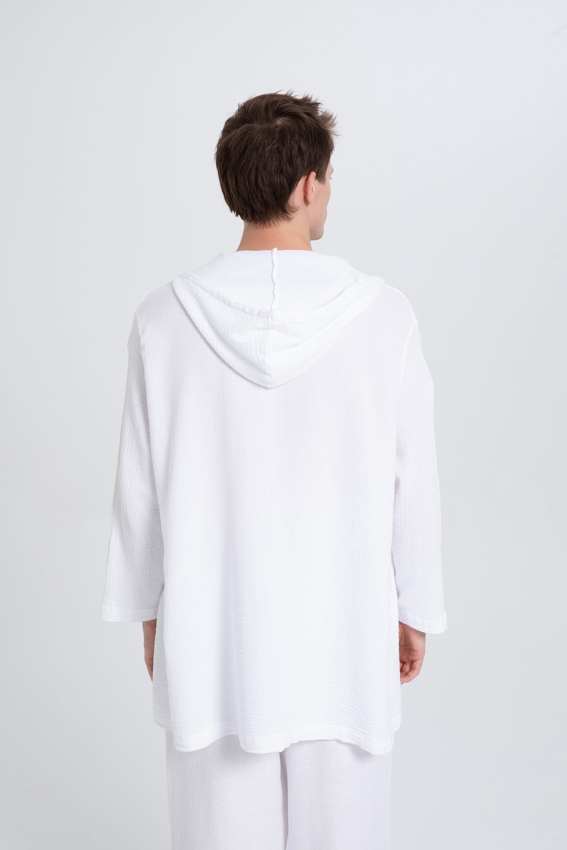 Oversize Müslin Unisex Kapüşonlu Hırka #renk_Beyaz