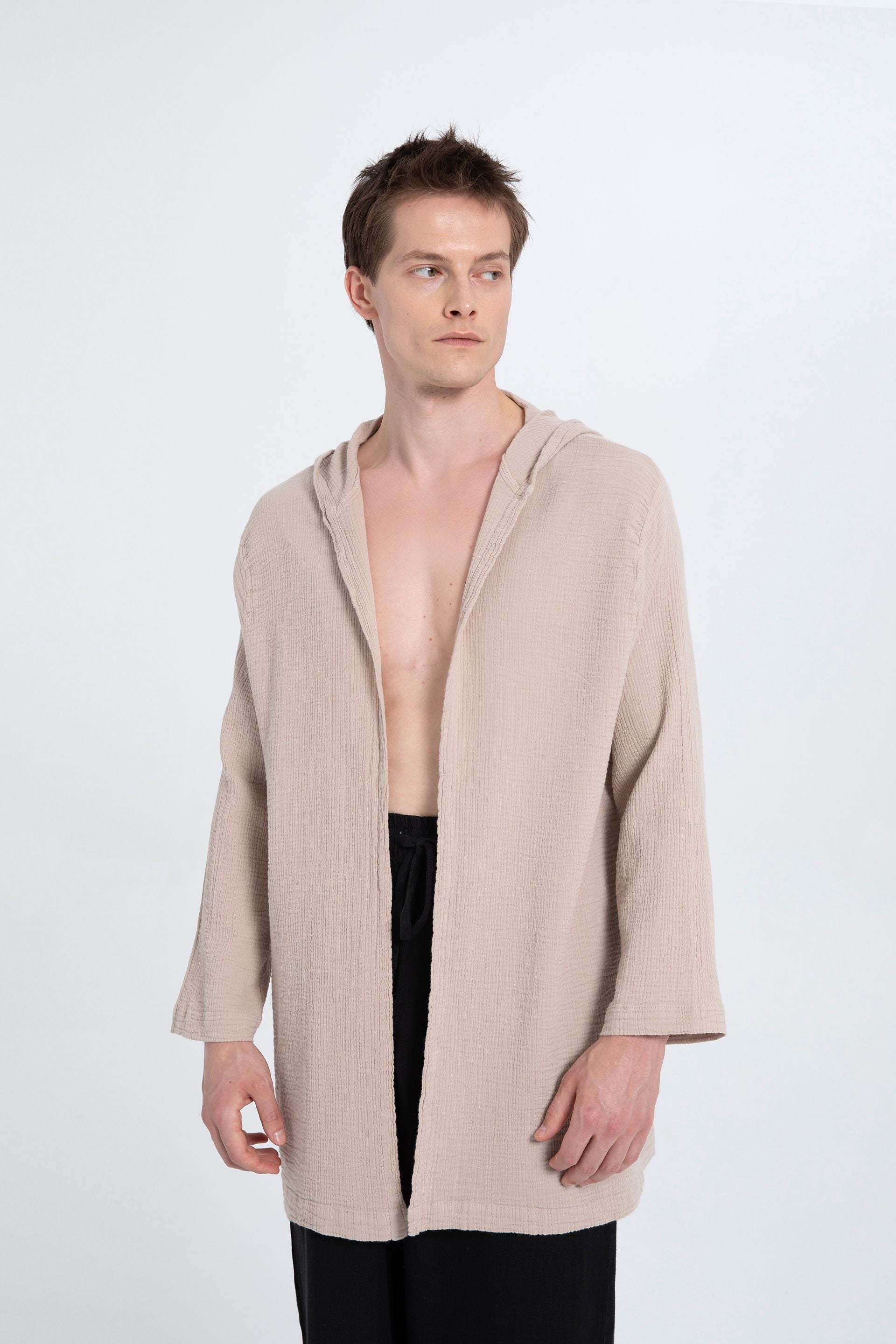 Oversize Müslin Unisex Kapüşonlu Hırka #renk_Flax