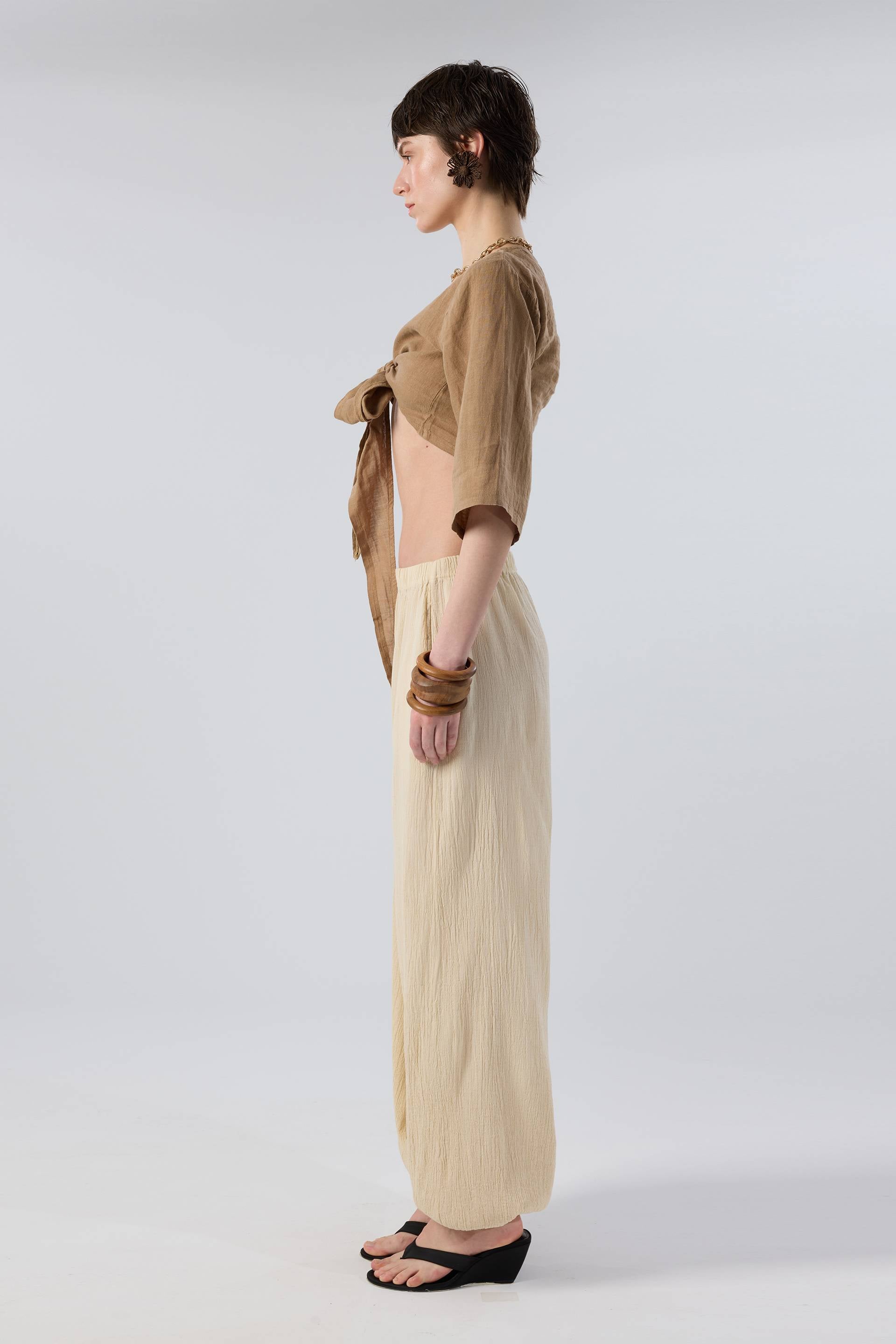 Keten Anvelop Bağlamalı Bluz / Kahve #renk_Kahve