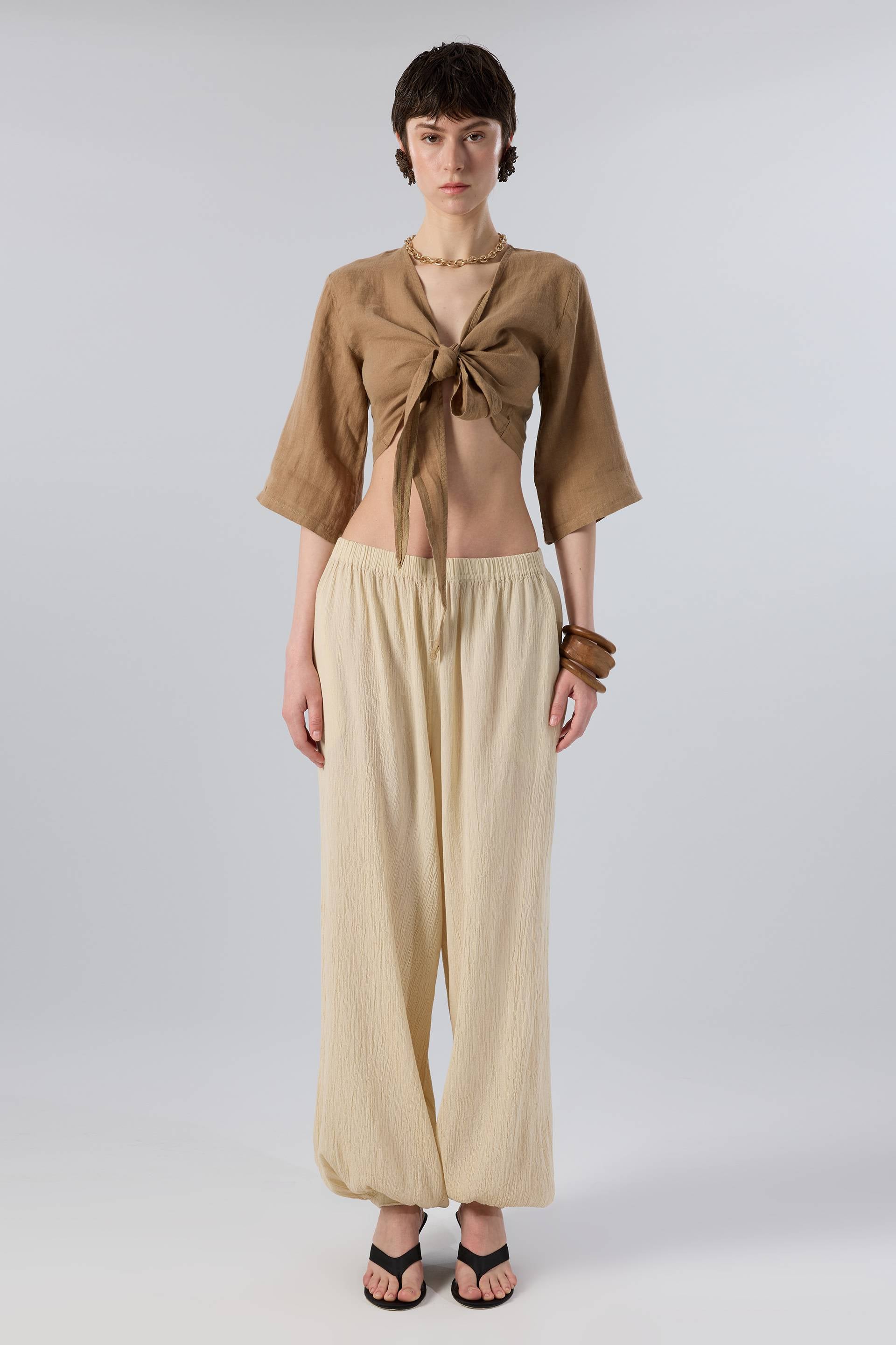 Keten Anvelop Bağlamalı Bluz / Kahve #renk_Kahve